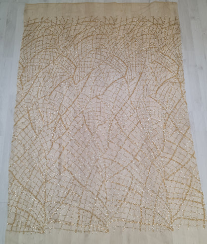 LL-1482, modern beaded bridal lace fabric with abstract net design in dark yellow color