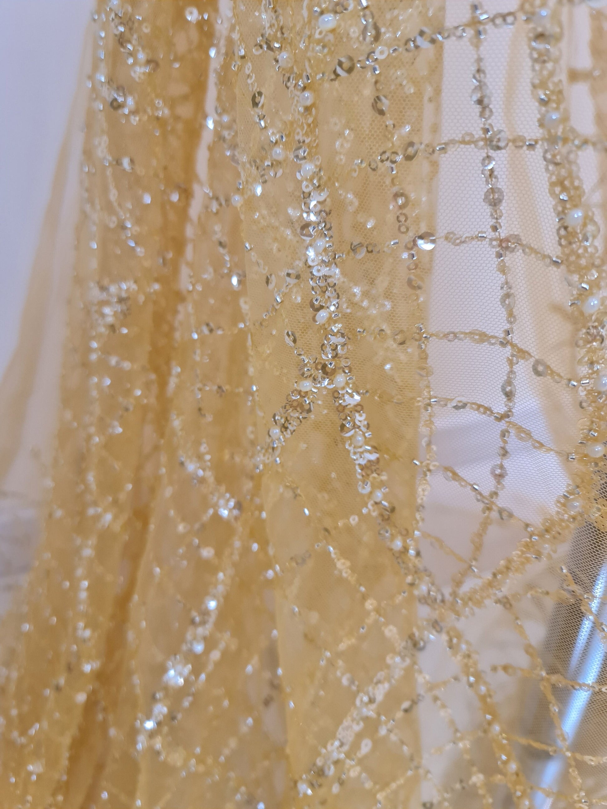 LL-1482, modern beaded bridal lace fabric with abstract net design in dark yellow color