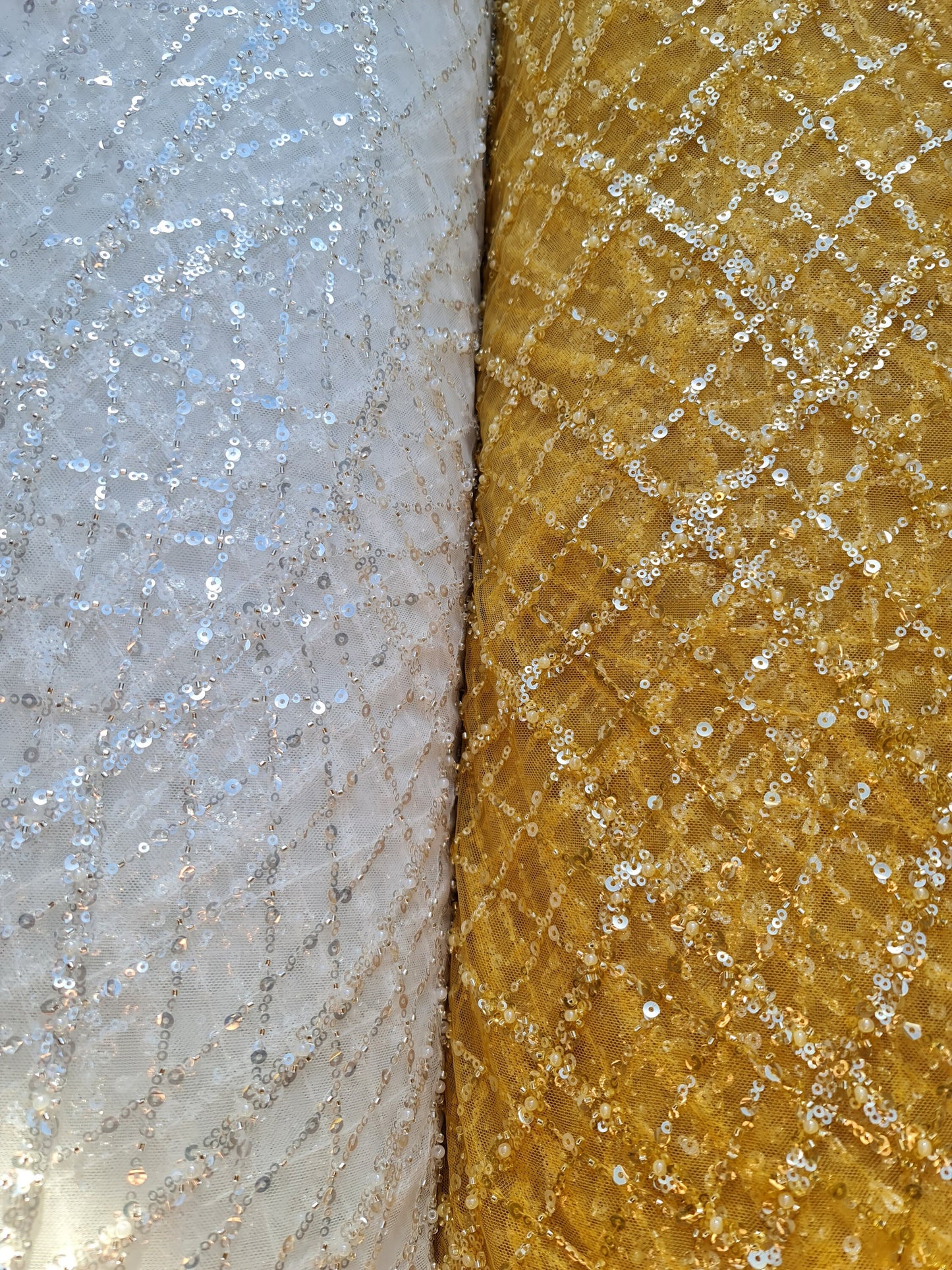 LL-1482, modern beaded bridal lace fabric with abstract net design in dark yellow color