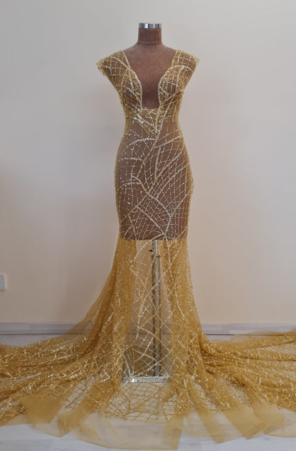 LL-1482, modern beaded bridal lace fabric with abstract net design in dark yellow color