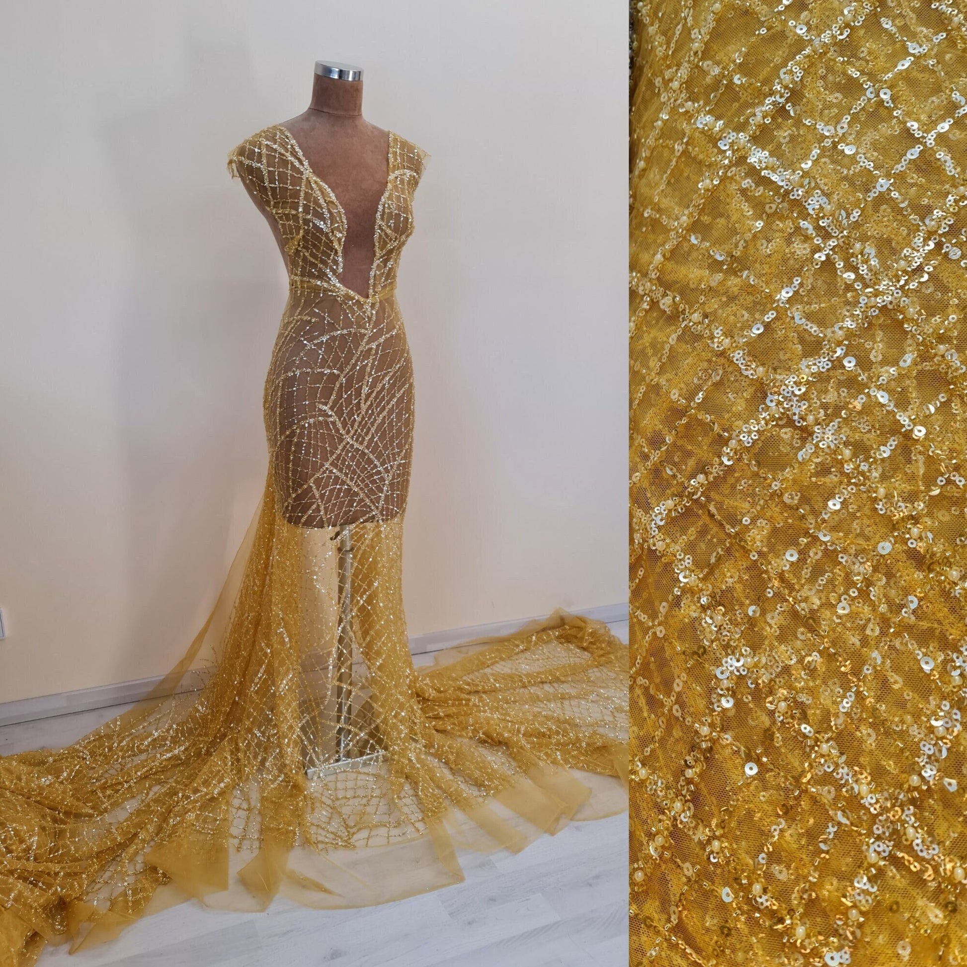 LL-1482, modern beaded bridal lace fabric with abstract net design in dark yellow color