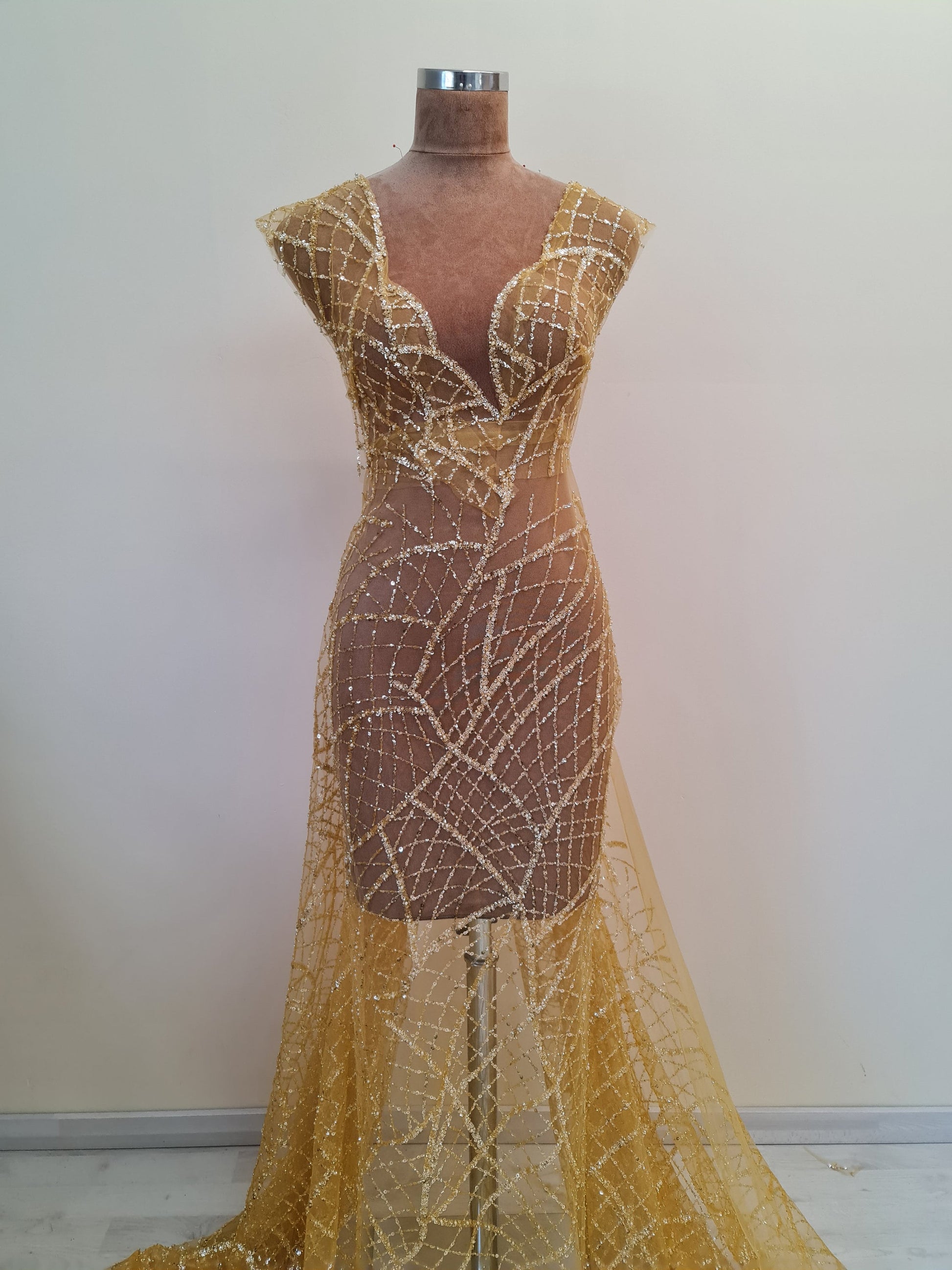 LL-1482, modern beaded bridal lace fabric with abstract net design in dark yellow color