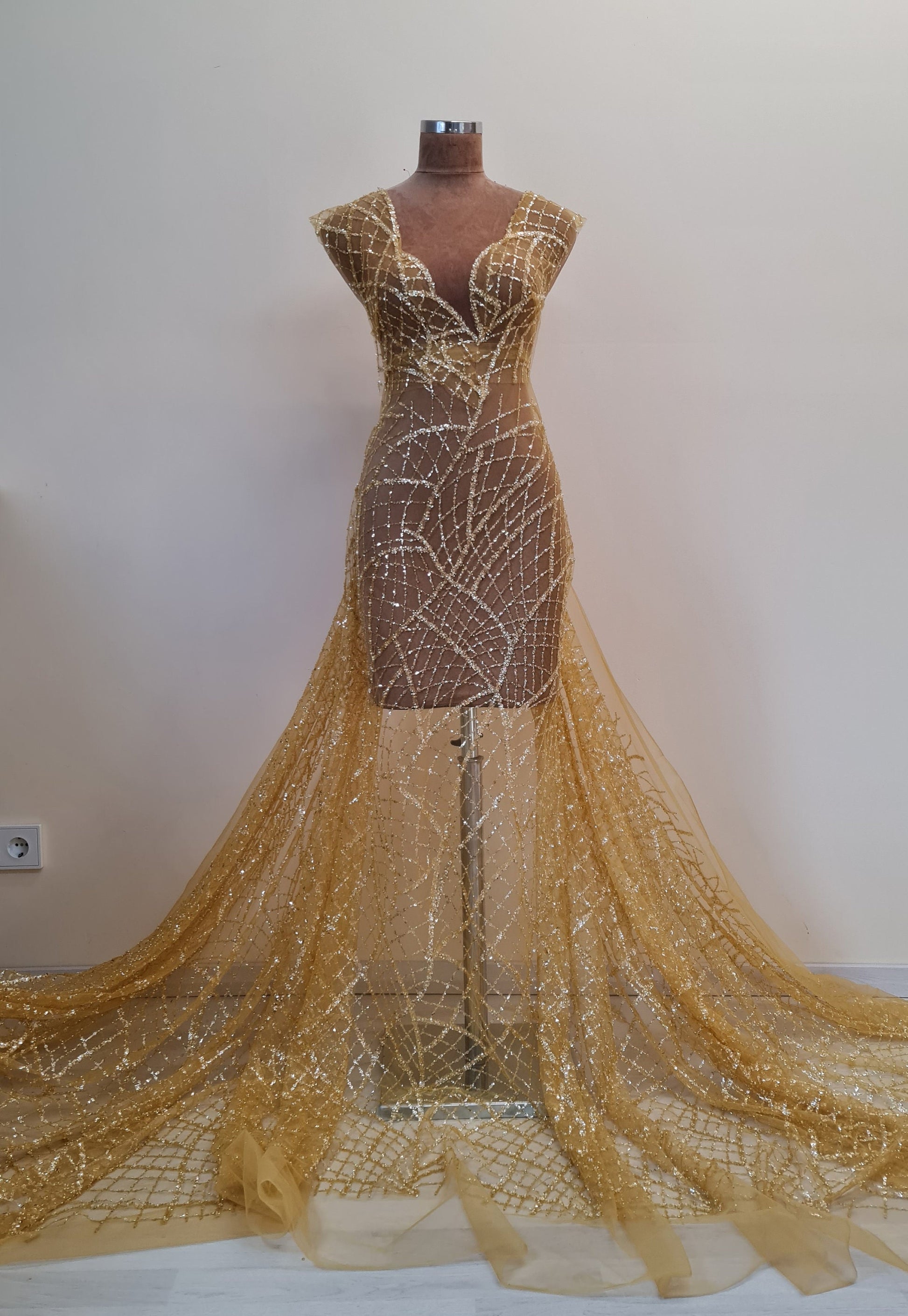 LL-1481, modern beaded bridal lace fabric with abstract net design in white color