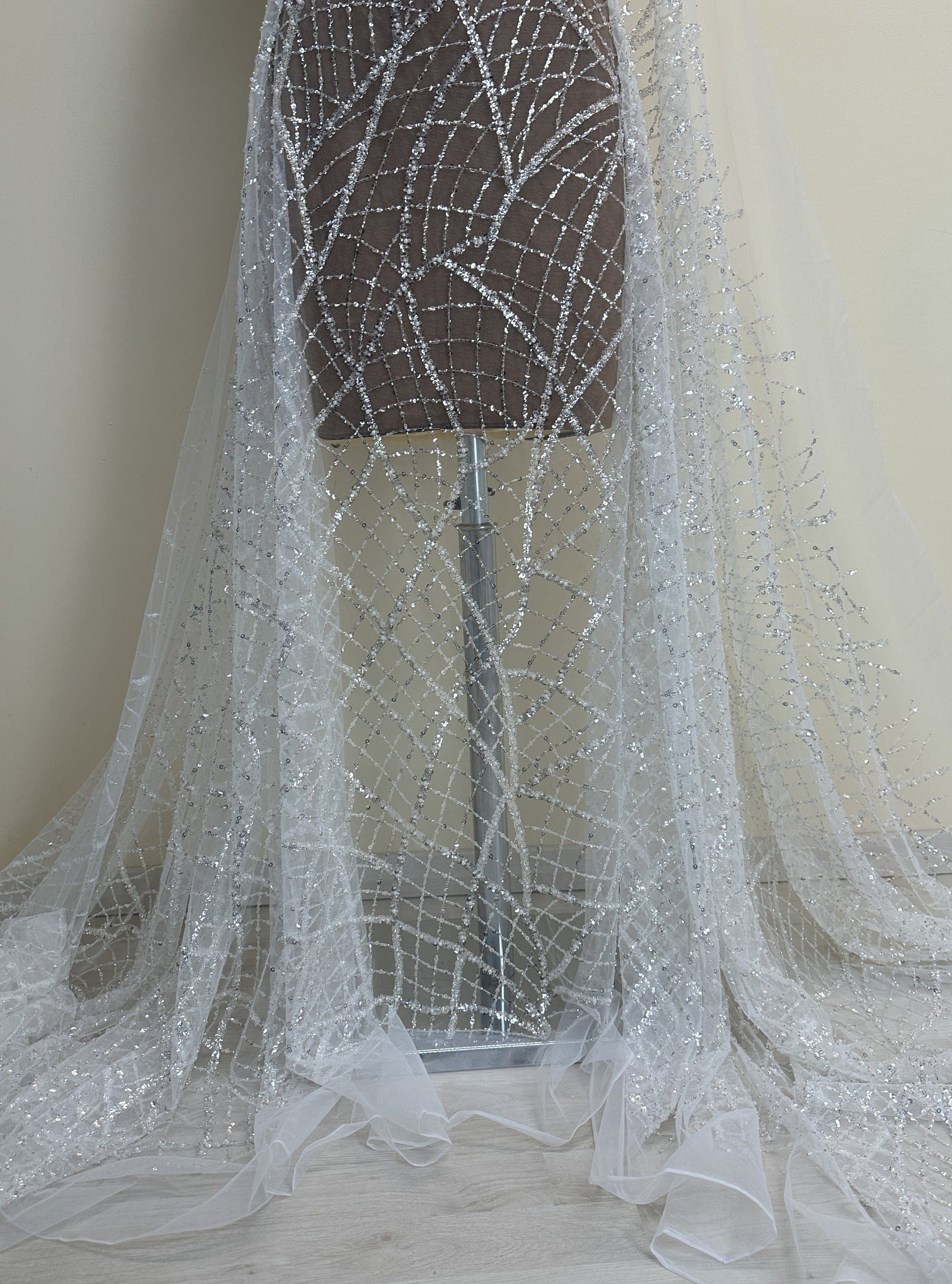 LL-1481, modern beaded bridal lace fabric with abstract net design in white color