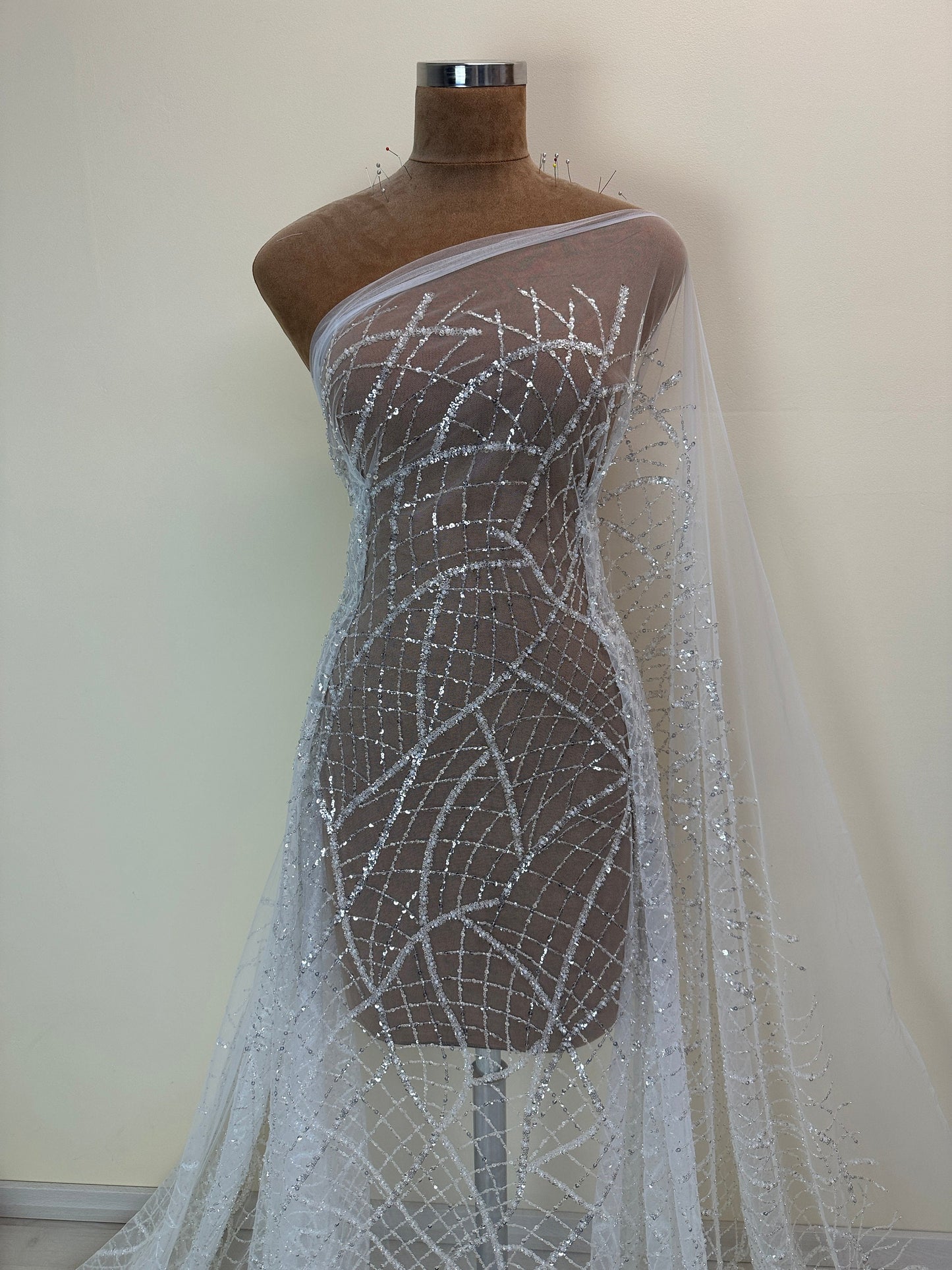 LL-1481, modern beaded bridal lace fabric with abstract net design in white color