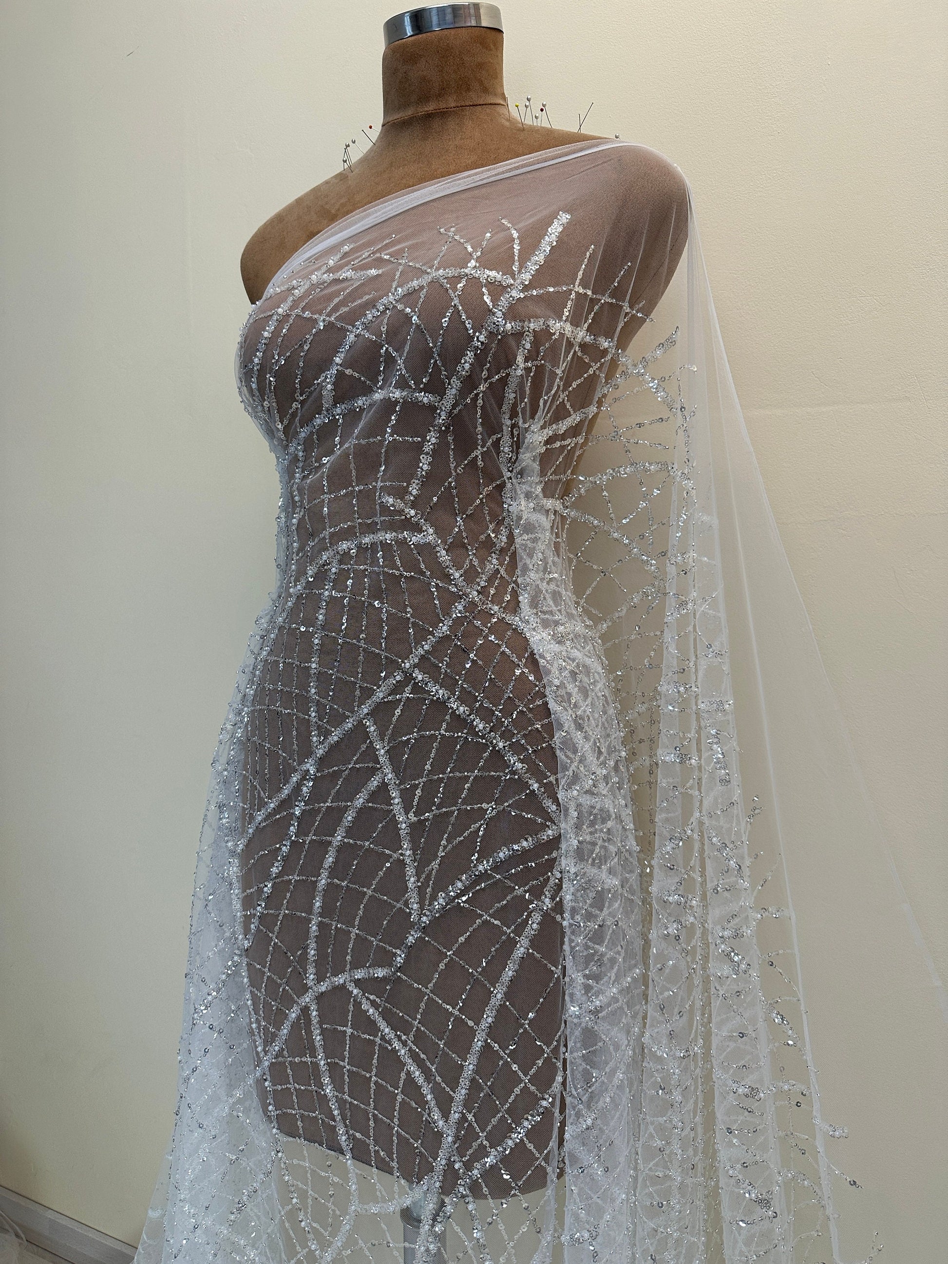LL-1481, modern beaded bridal lace fabric with abstract net design in white color