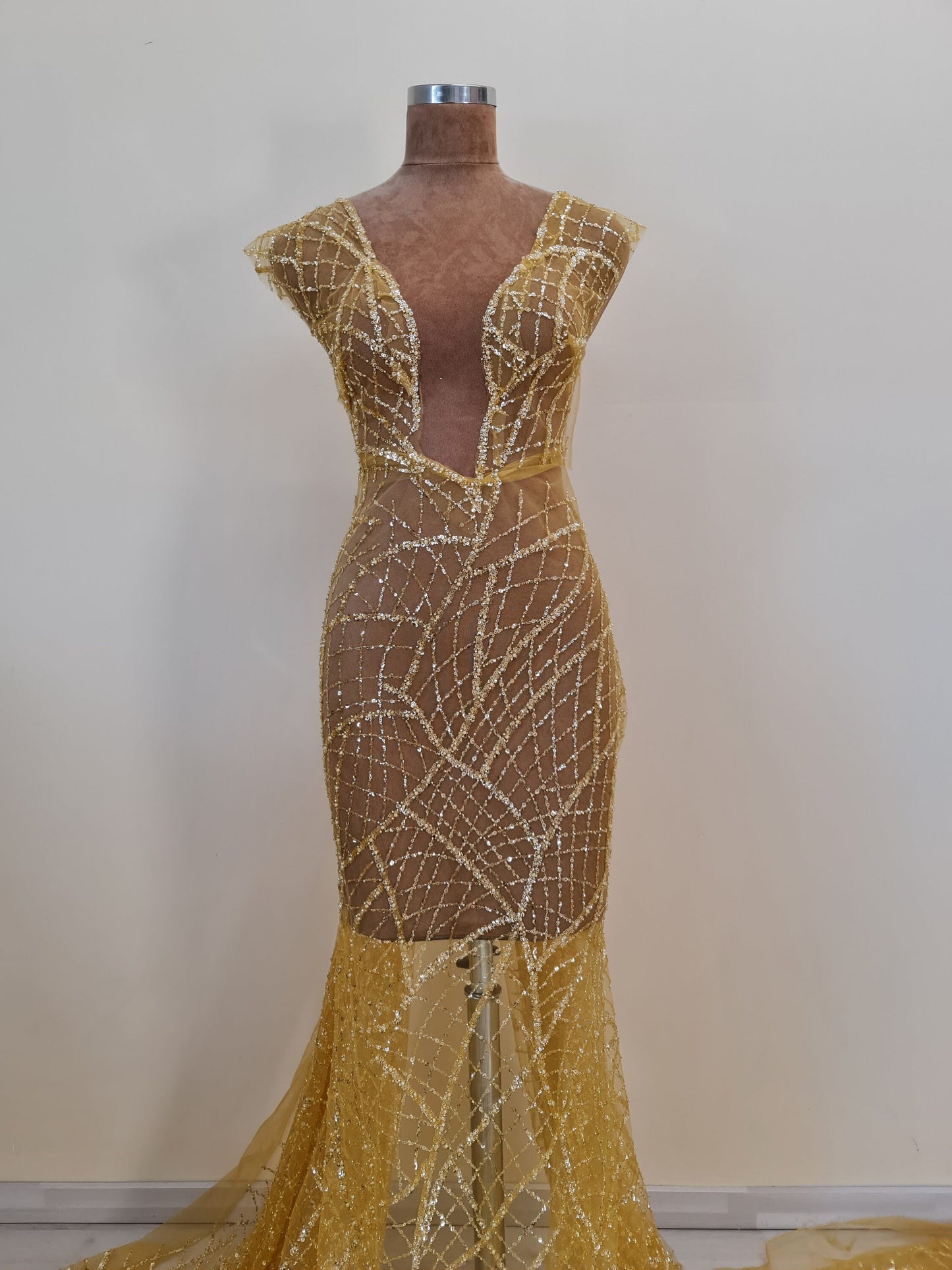 LL-1482, modern beaded bridal lace fabric with abstract net design in dark yellow color