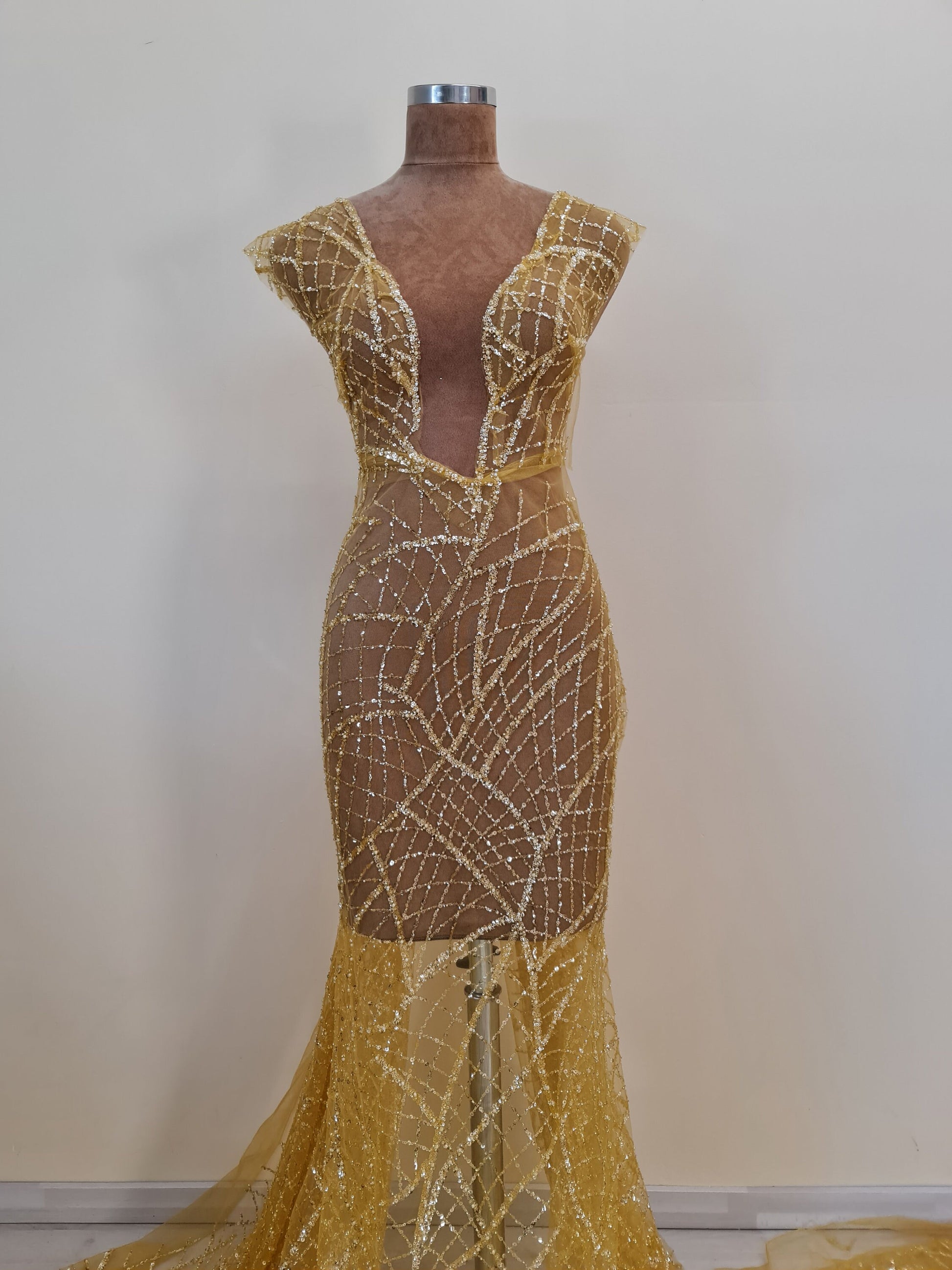 LL-1482, modern beaded bridal lace fabric with abstract net design in dark yellow color