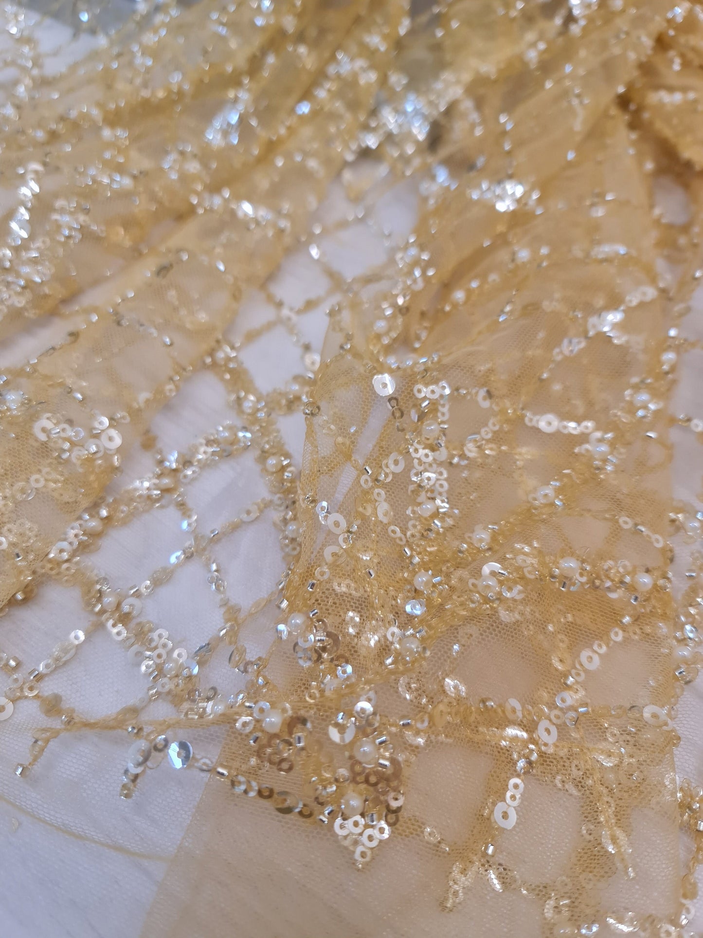 LL-1482, modern beaded bridal lace fabric with abstract net design in dark yellow color