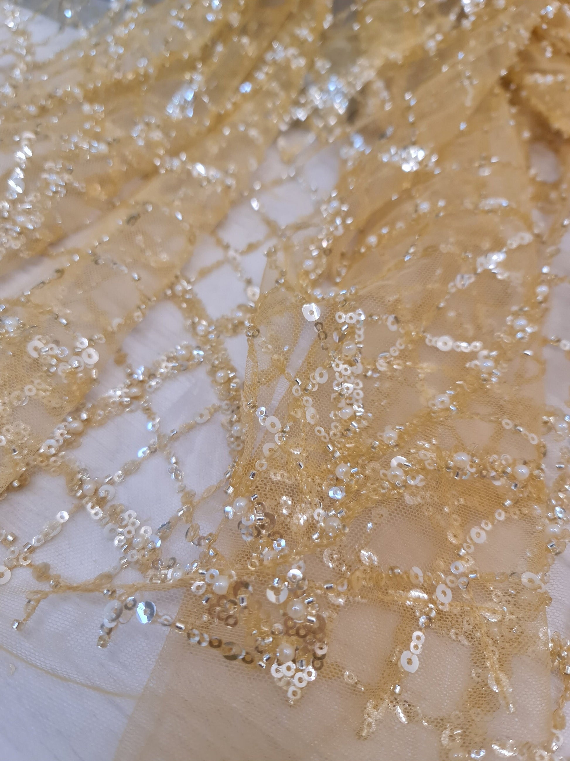 LL-1482, modern beaded bridal lace fabric with abstract net design in dark yellow color