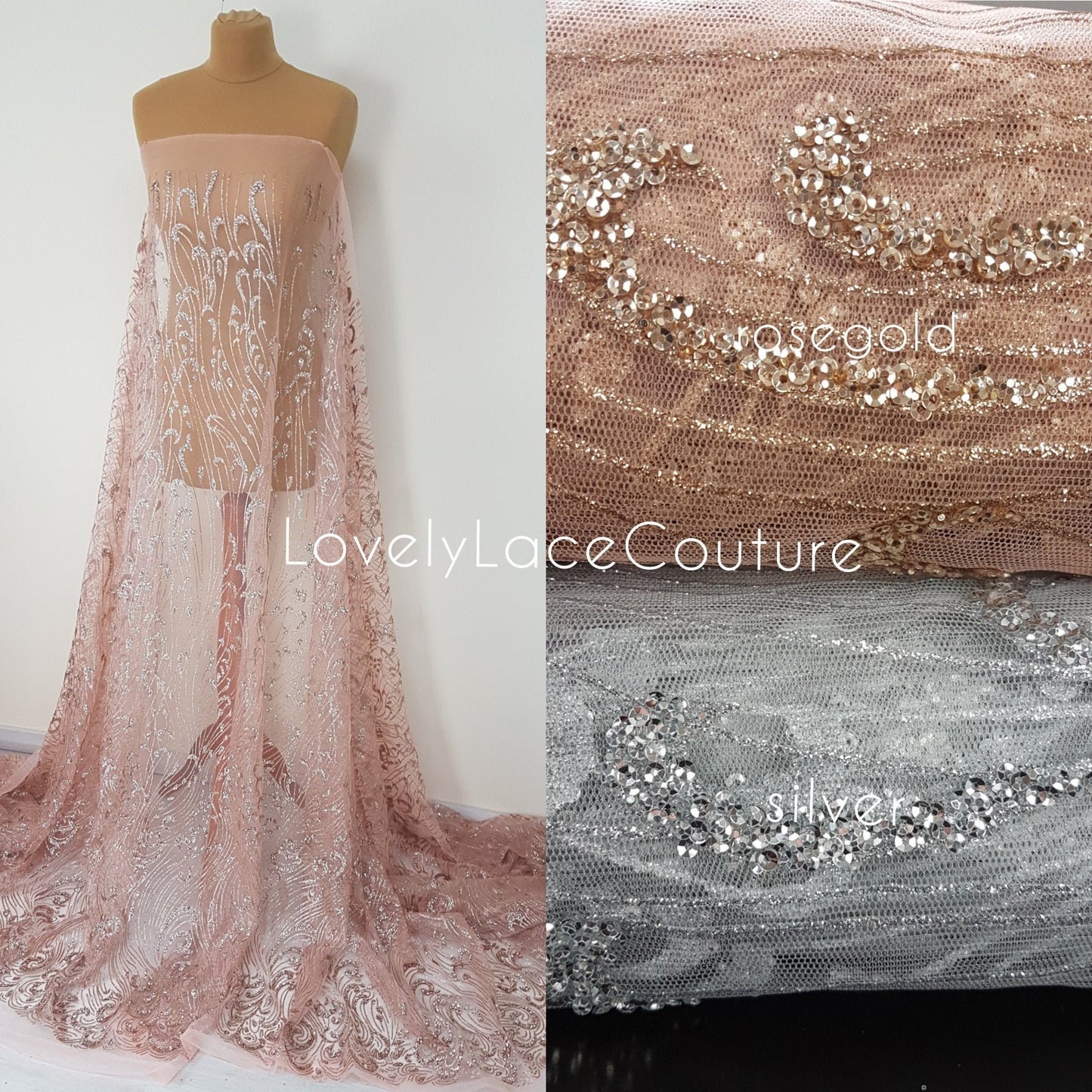 Glitter Stoff mit Pailletten in roségold LL-1391 oder silber LL-1392, Netzstoff mit Glitter im abstraktem Design