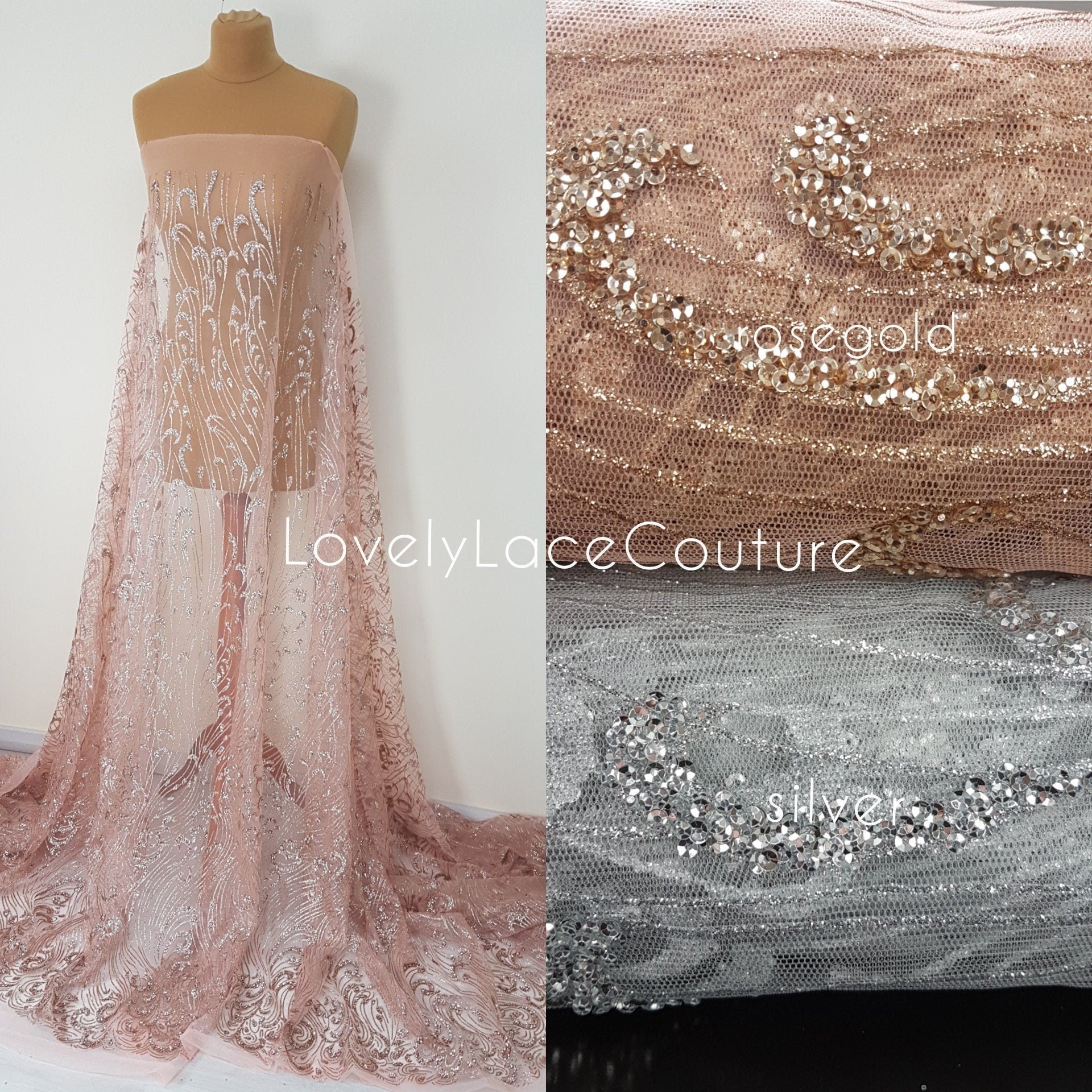 Glitter Stoff mit Pailletten in roségold LL-1391 oder silber LL-1392, Netzstoff mit Glitter im abstraktem Design