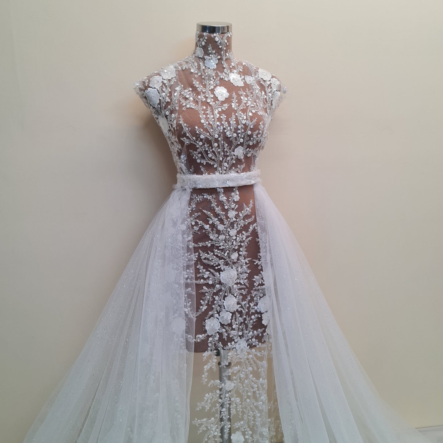 LL-1306, lovely beaded bridal lace fabric with flower design in off-white color