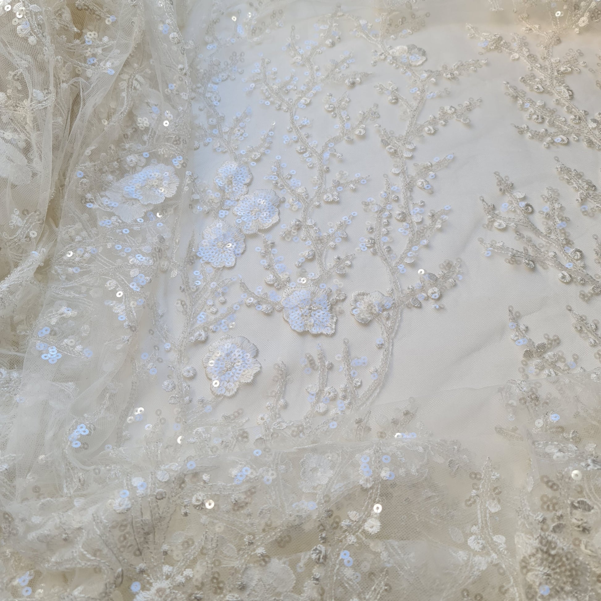 LL-1306, lovely beaded bridal lace fabric with flower design in off-white color