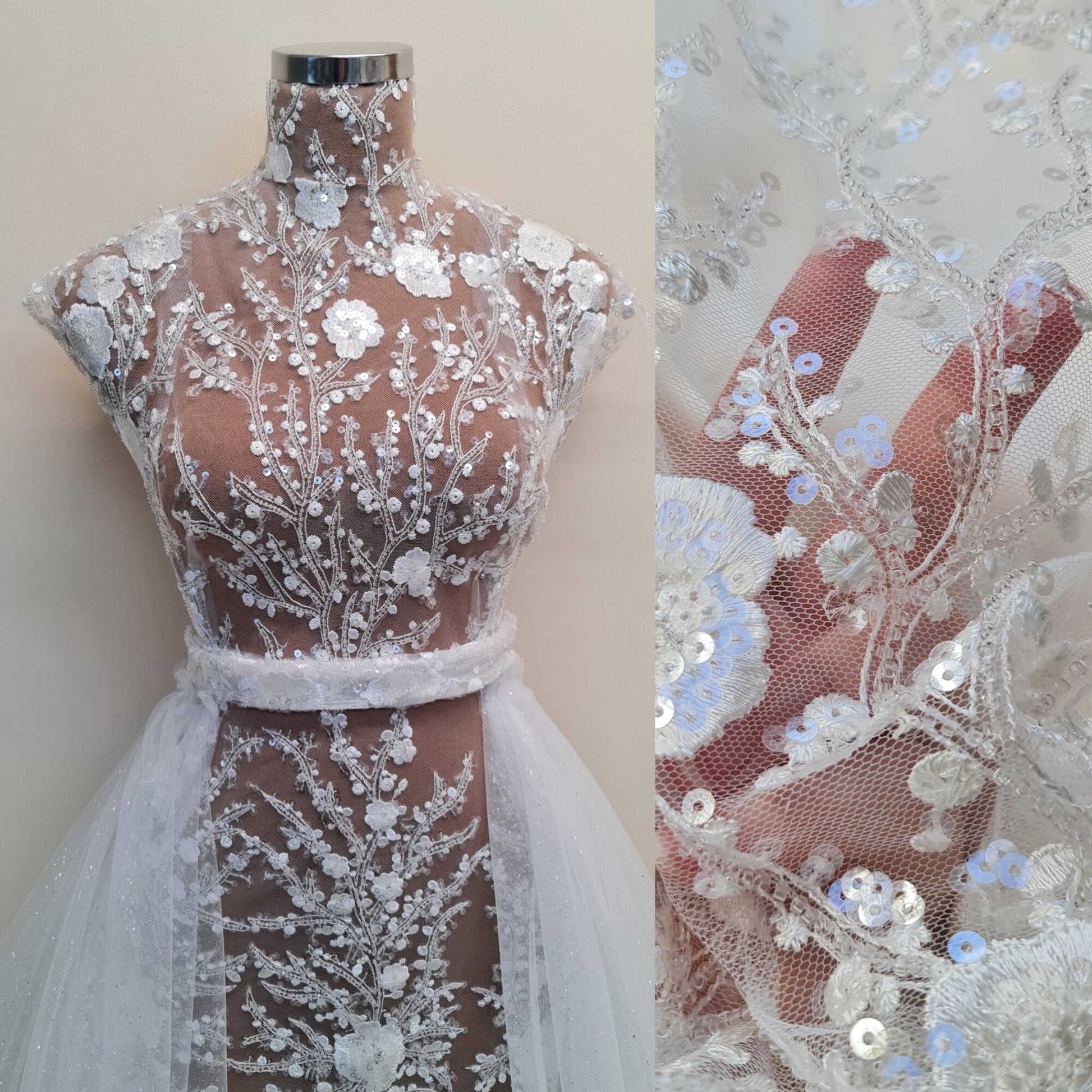LL-1306, lovely beaded bridal lace fabric with flower design in off-white color