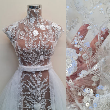 LL-1306, lovely beaded bridal lace fabric with flower design in off-white color