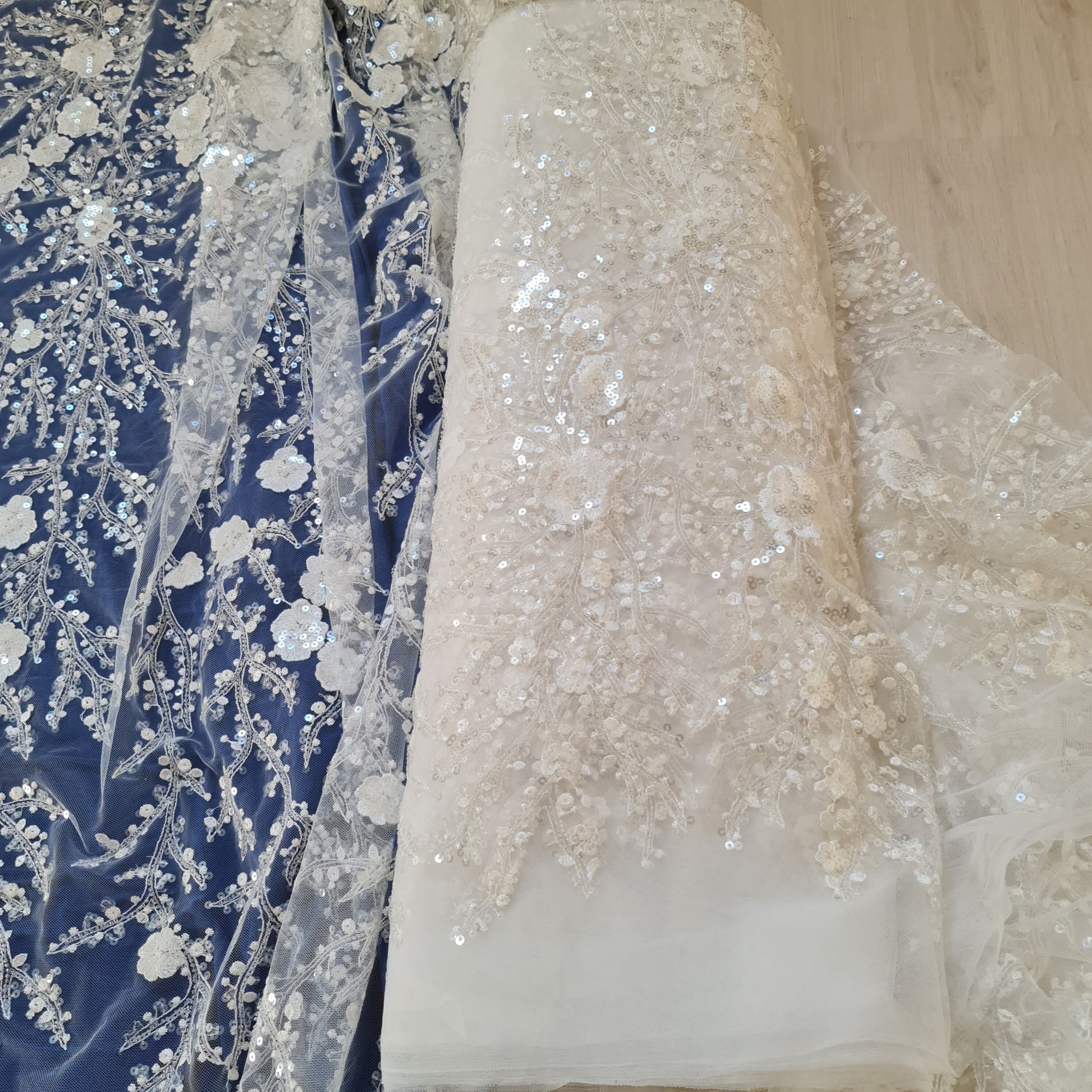 LL-1306, lovely beaded bridal lace fabric with flower design in off-white color