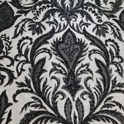 black lace with beads and sequins, ornamental design, closer picture