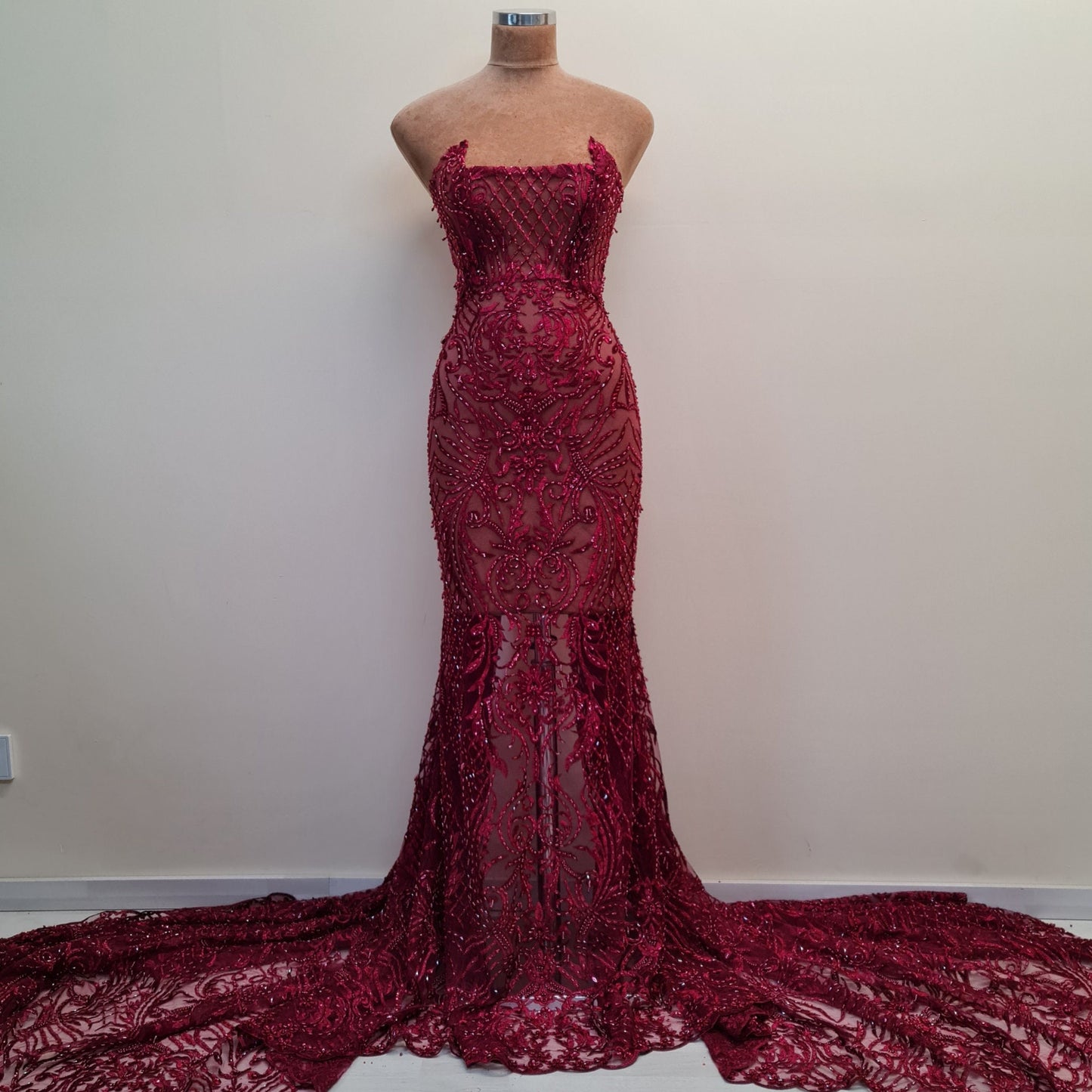 LL-1485, beaded bridal lace fabric with abstract ornamental flower design in dark red color