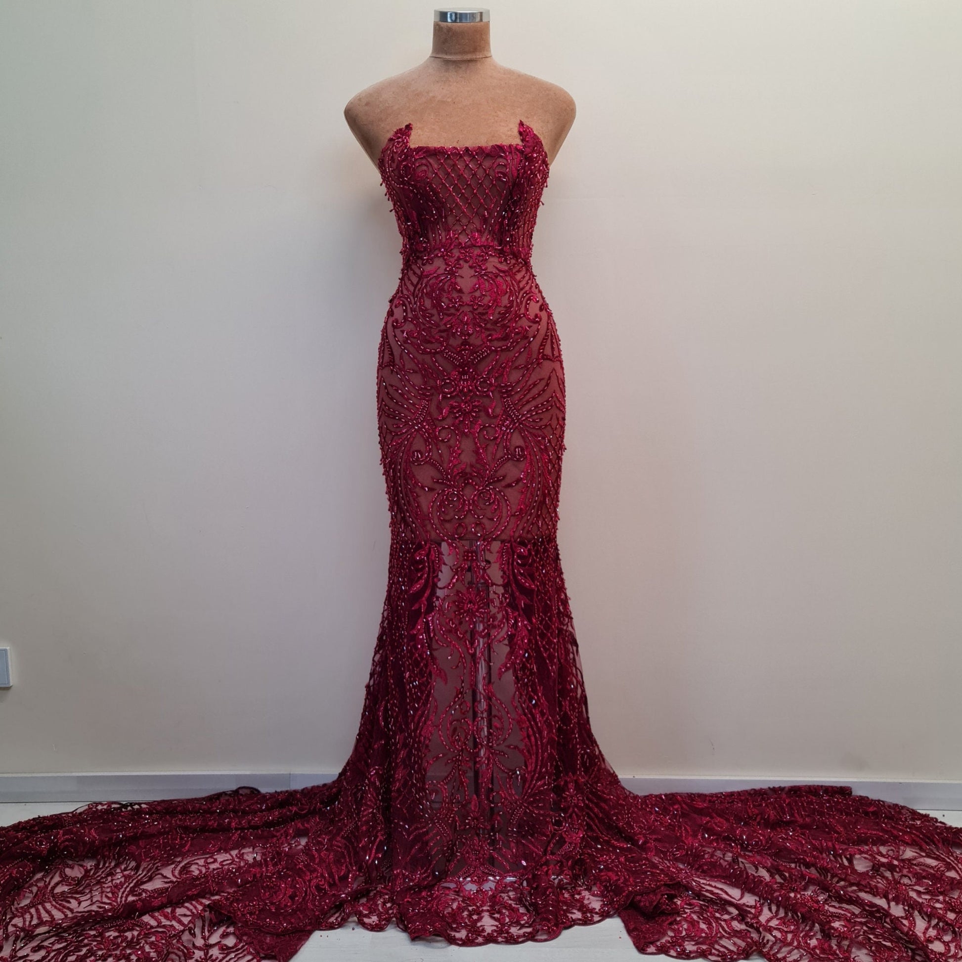 LL-1485, beaded bridal lace fabric with abstract ornamental flower design in dark red color