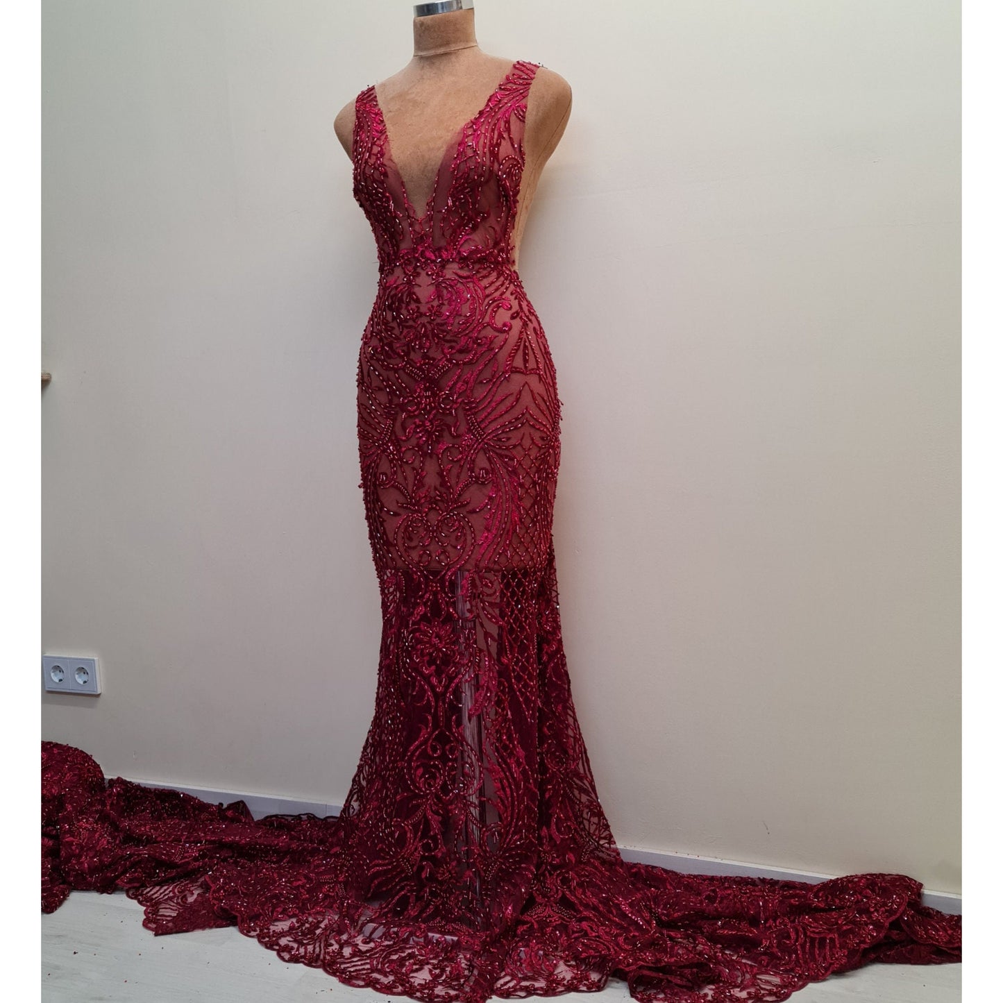 LL-1485, beaded bridal lace fabric with abstract ornamental flower design in dark red color