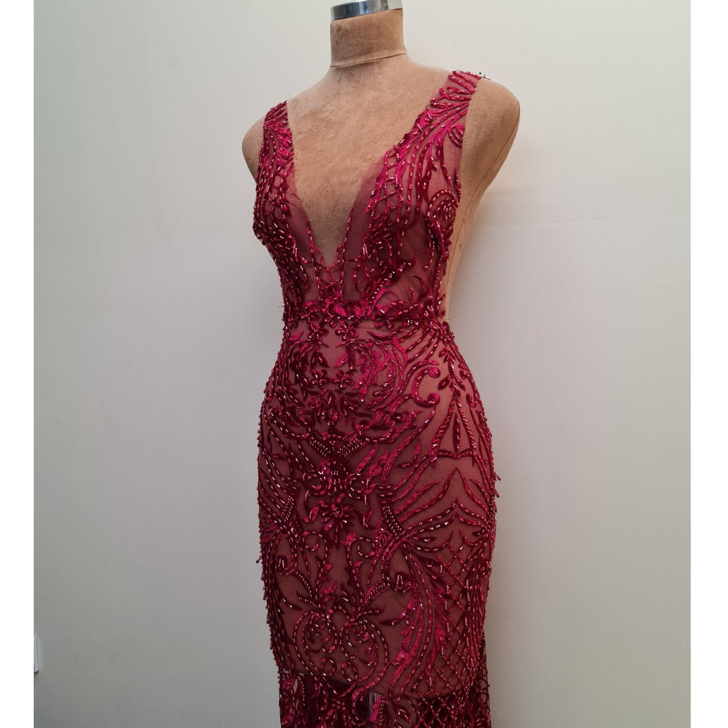 LL-1485, beaded bridal lace fabric with abstract ornamental flower design in dark red color