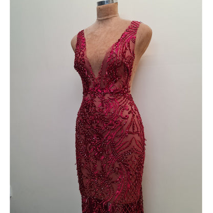 LL-1485, beaded bridal lace fabric with abstract ornamental flower design in dark red color