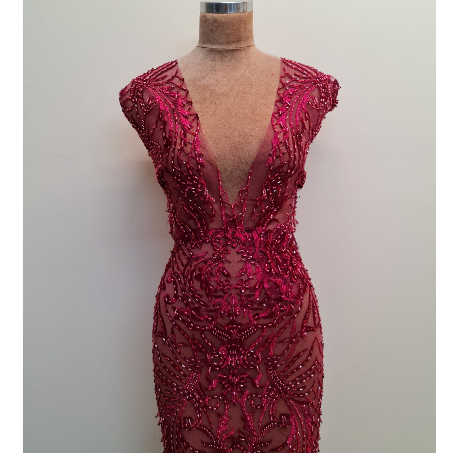 LL-1485, beaded bridal lace fabric with abstract ornamental flower design in dark red color