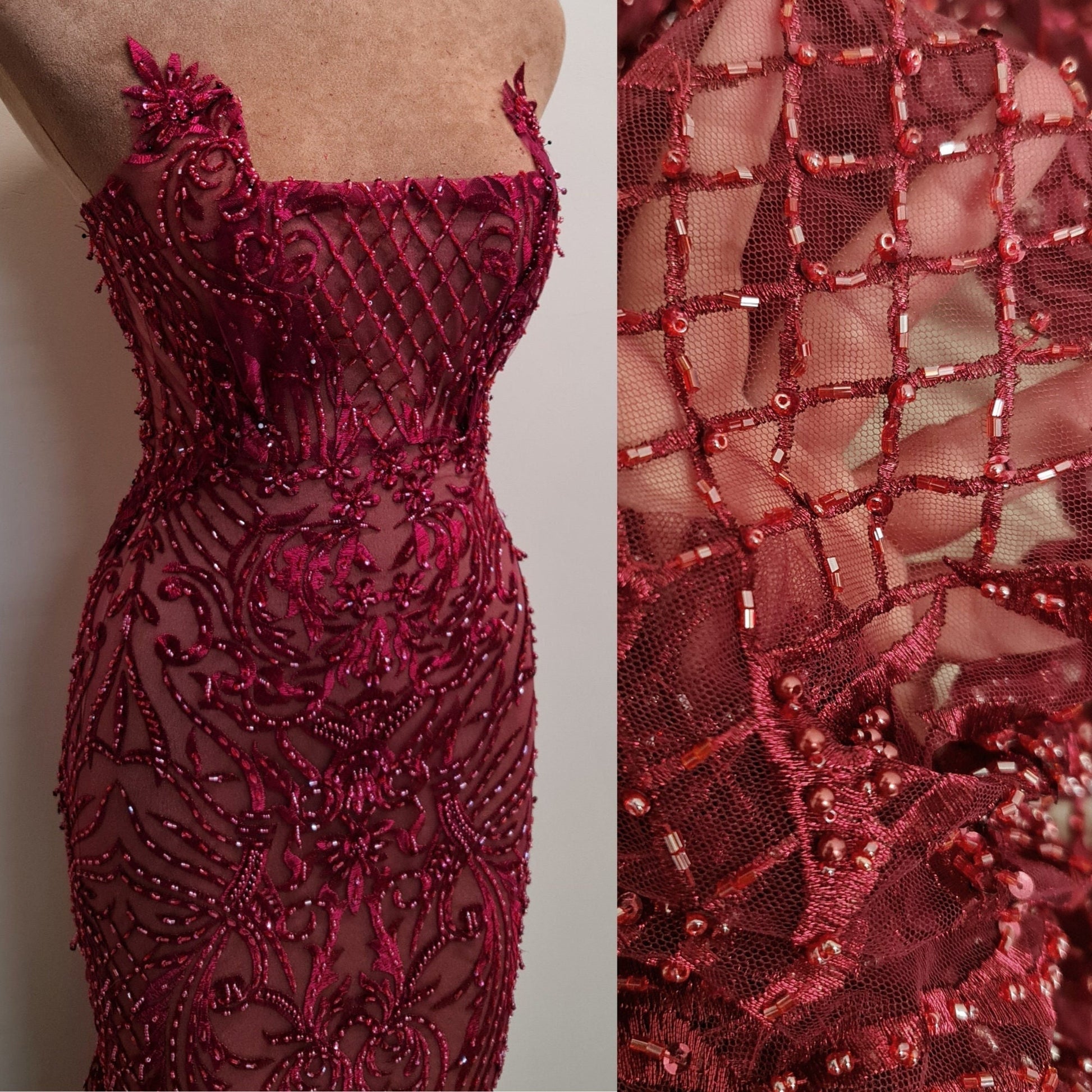 LL-1485, beaded bridal lace fabric with abstract ornamental flower design in dark red color