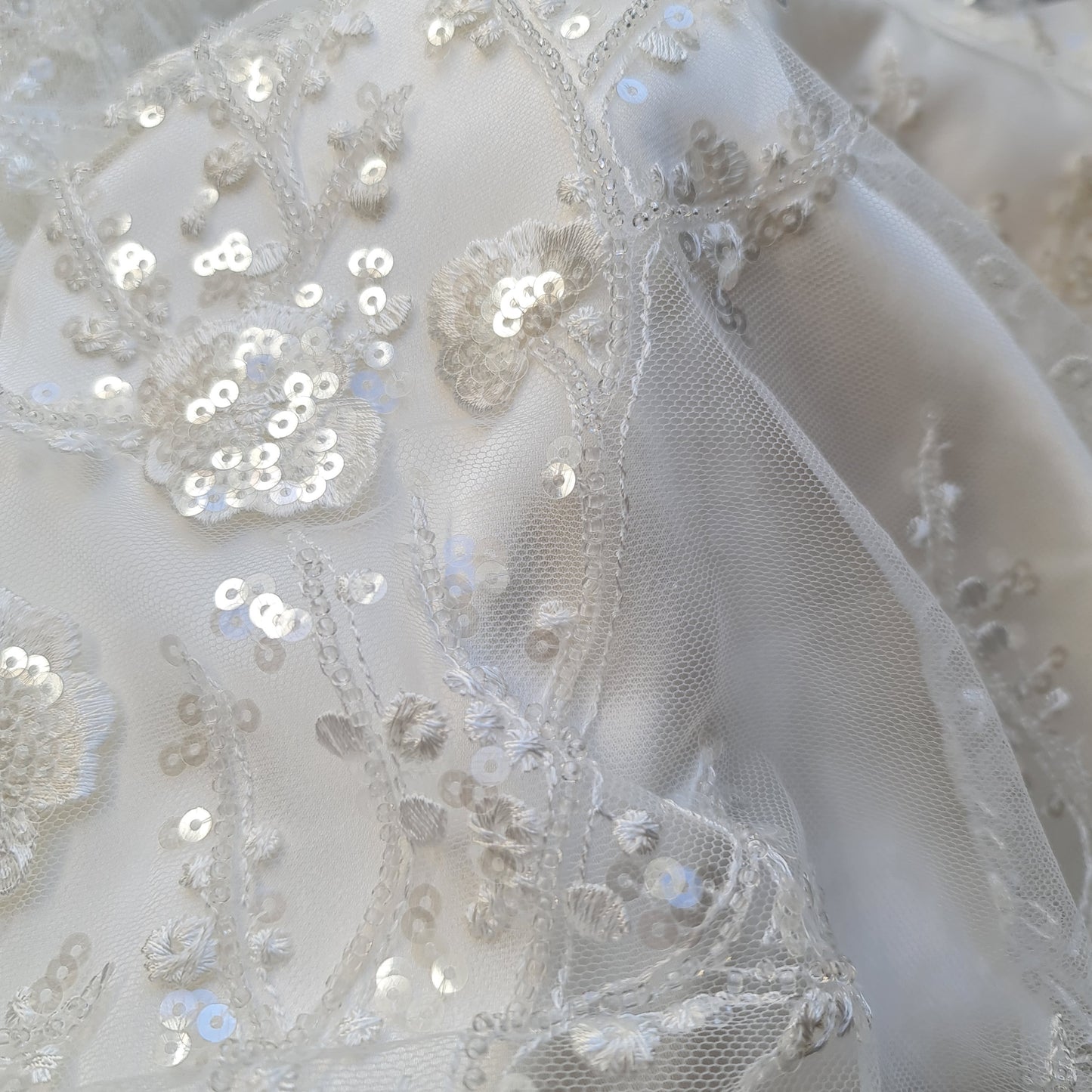 LL-1306, lovely beaded bridal lace fabric with flower design in off-white color