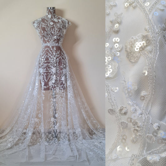 LL-1306, lovely beaded bridal lace fabric with flower design in off-white color