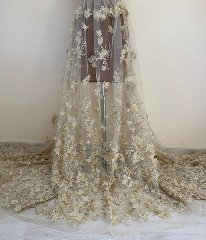 LL-1451, Lovely bridal lace fabric with big 3d flowers in beige color