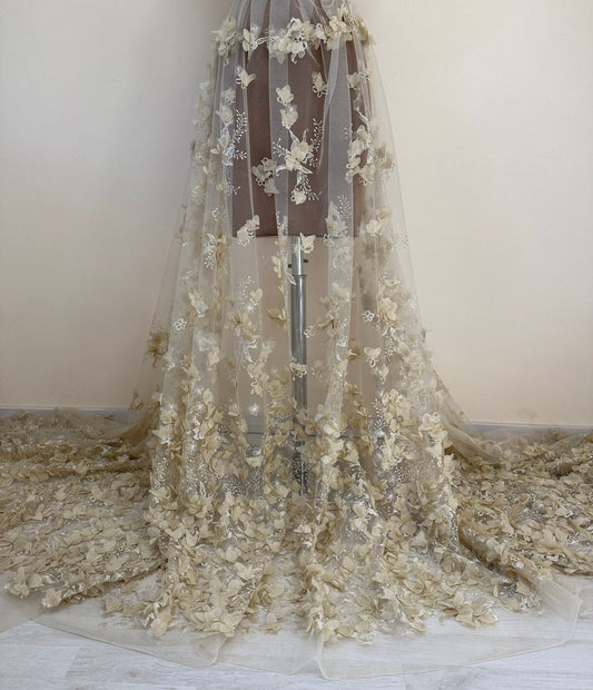 LL-1451, Lovely bridal lace fabric with big 3d flowers in beige color