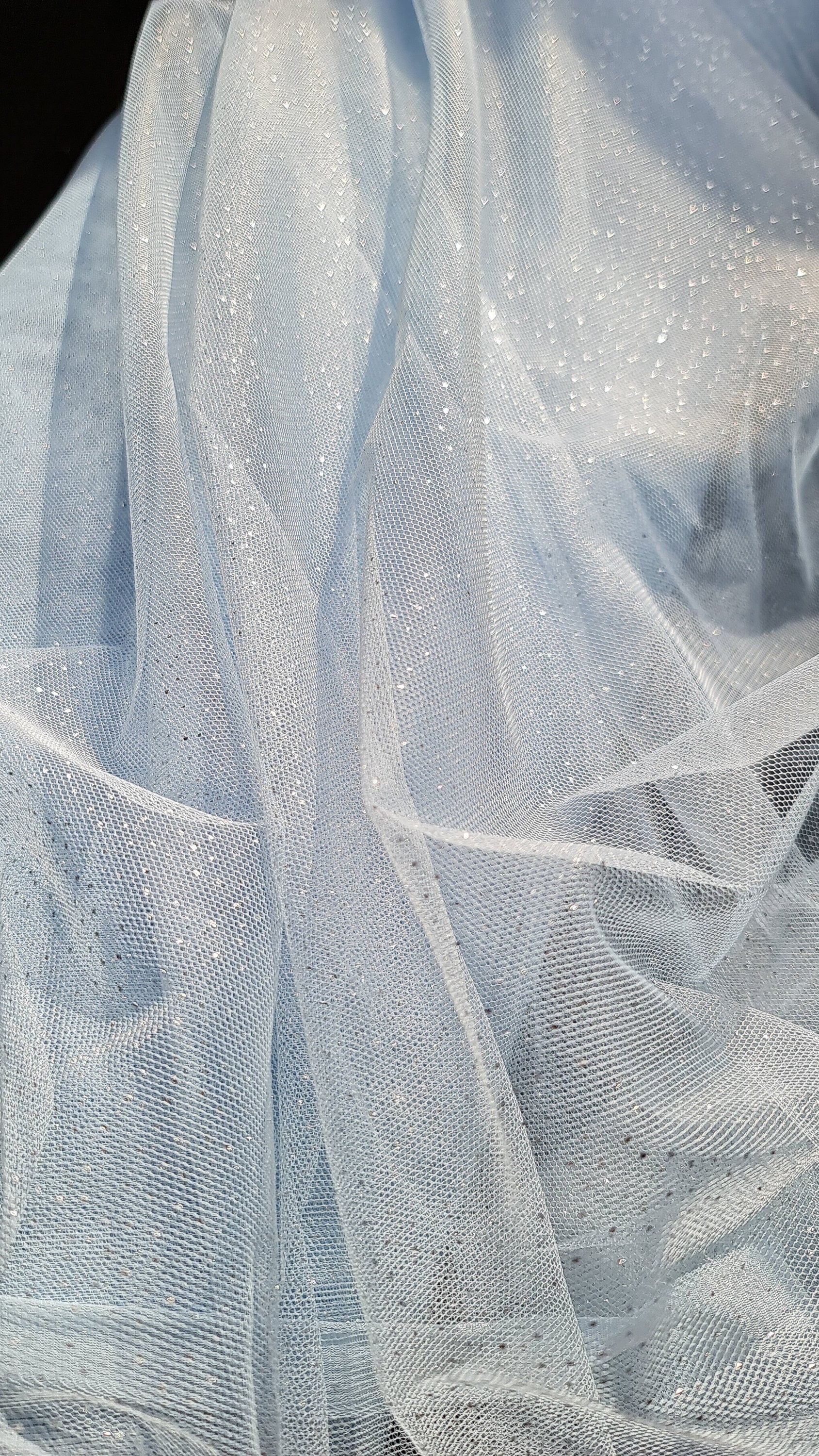 sparkling soft mesh tulle in light blue color with silver print dots LL-1483