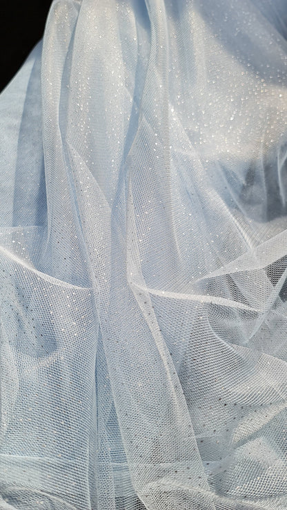 sparkling soft mesh tulle in light blue color with silver print dots LL-1483