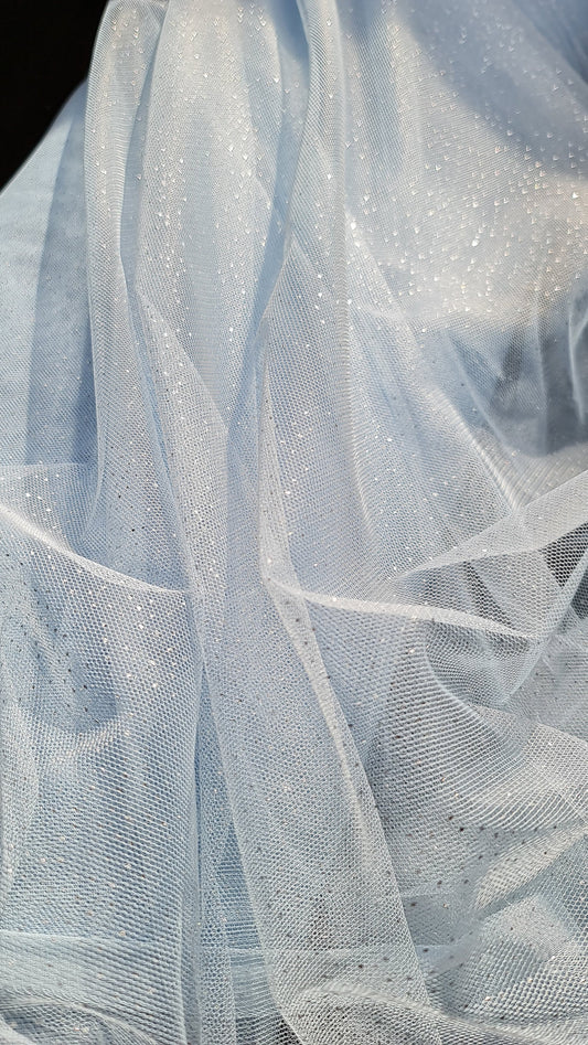 sparkling soft mesh tulle in light blue color with silver print dots LL-1483