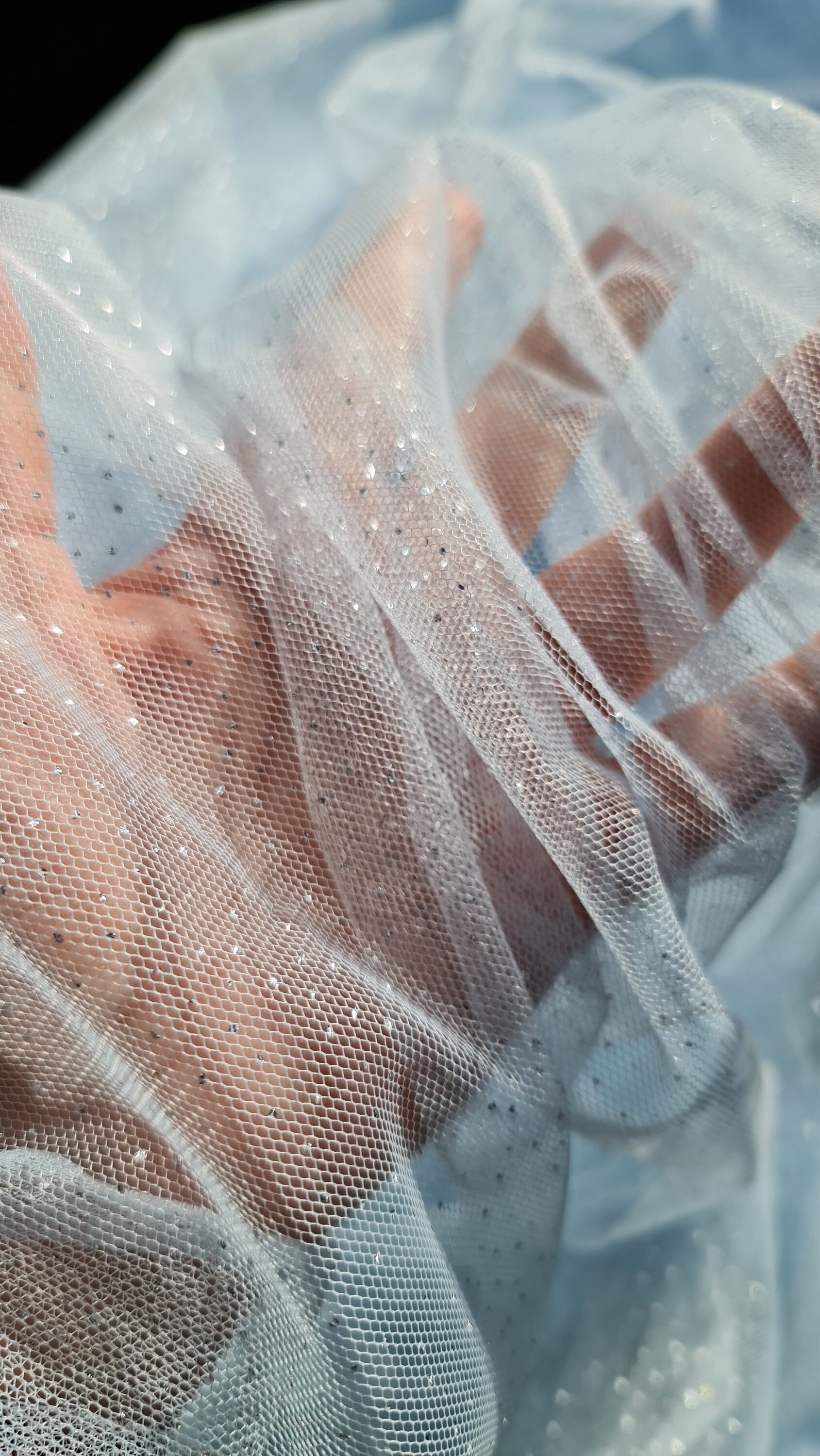 sparkling soft mesh tulle in light blue color with silver print dots LL-1483
