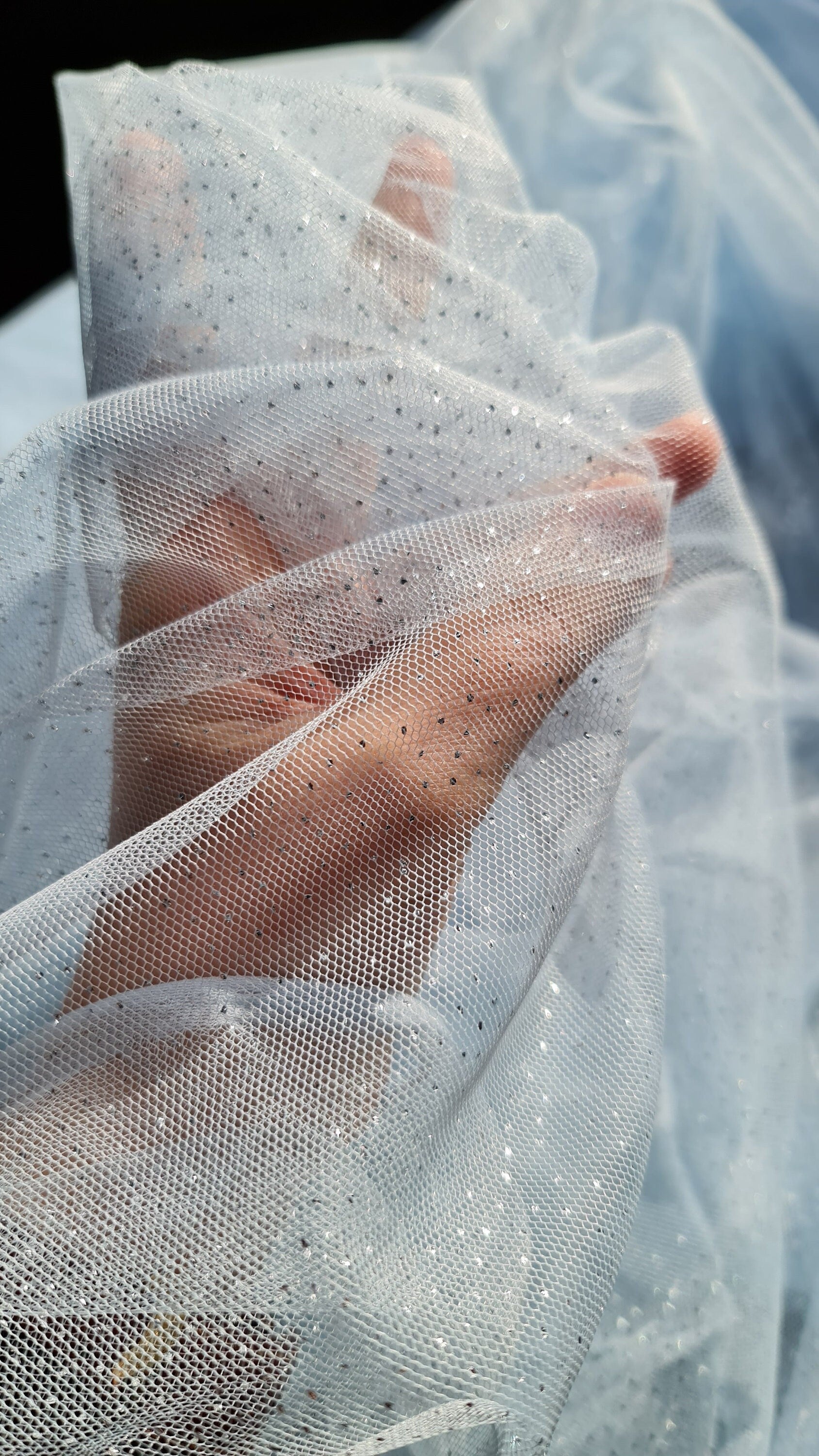 sparkling soft mesh tulle in light blue color with silver print dots LL-1483