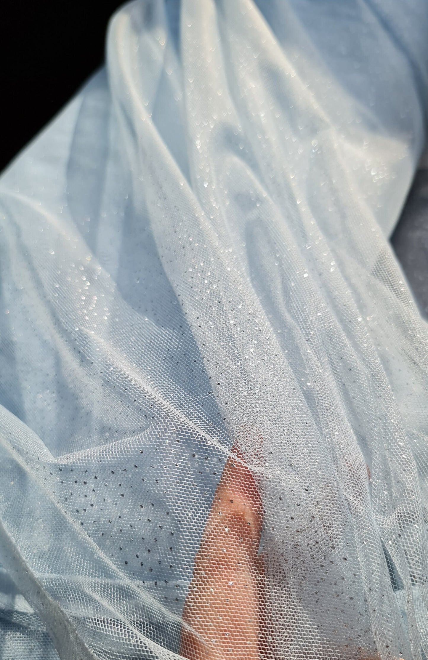 sparkling soft mesh tulle in light blue color with silver print dots LL-1483