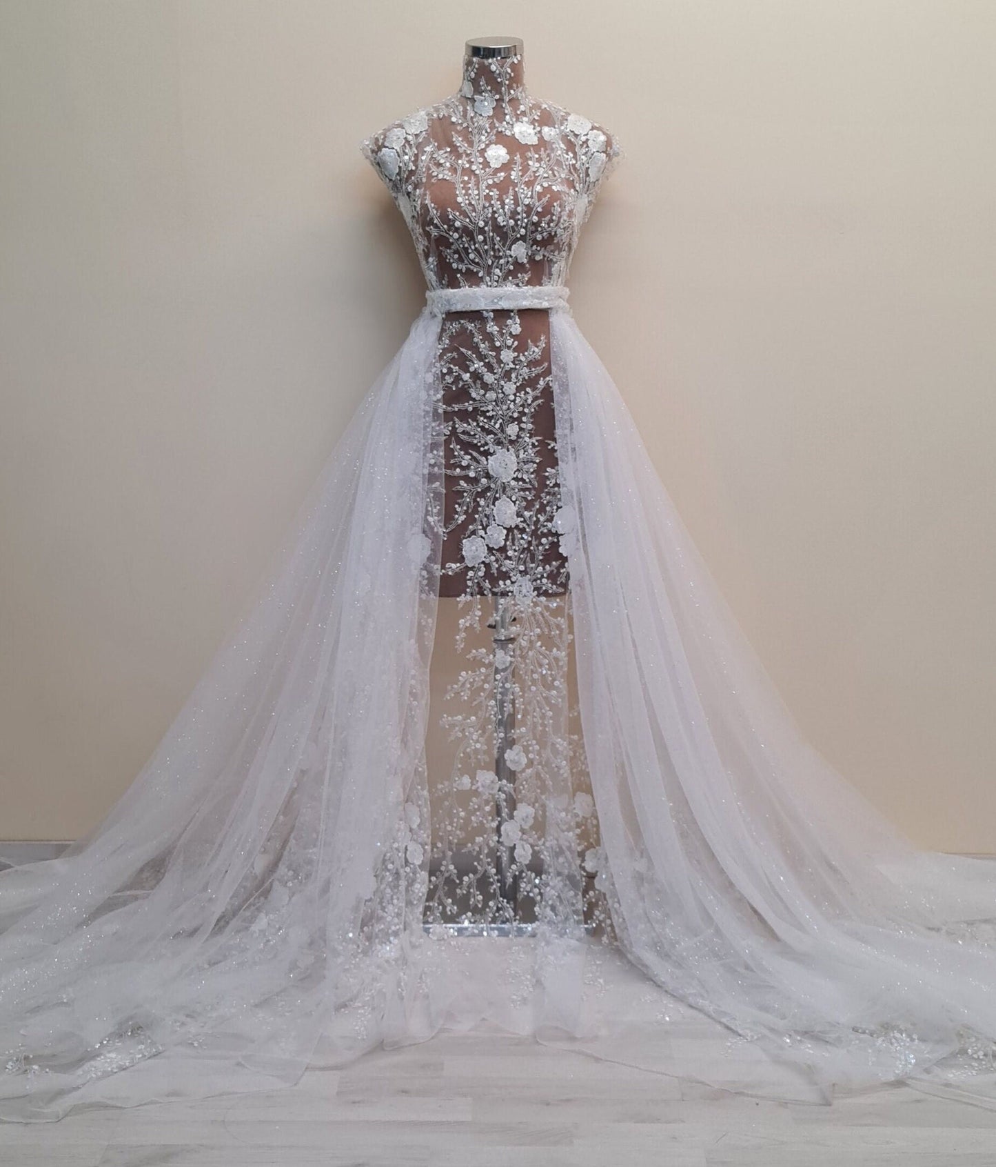 LL-1306, lovely beaded bridal lace fabric with flower design in off-white color