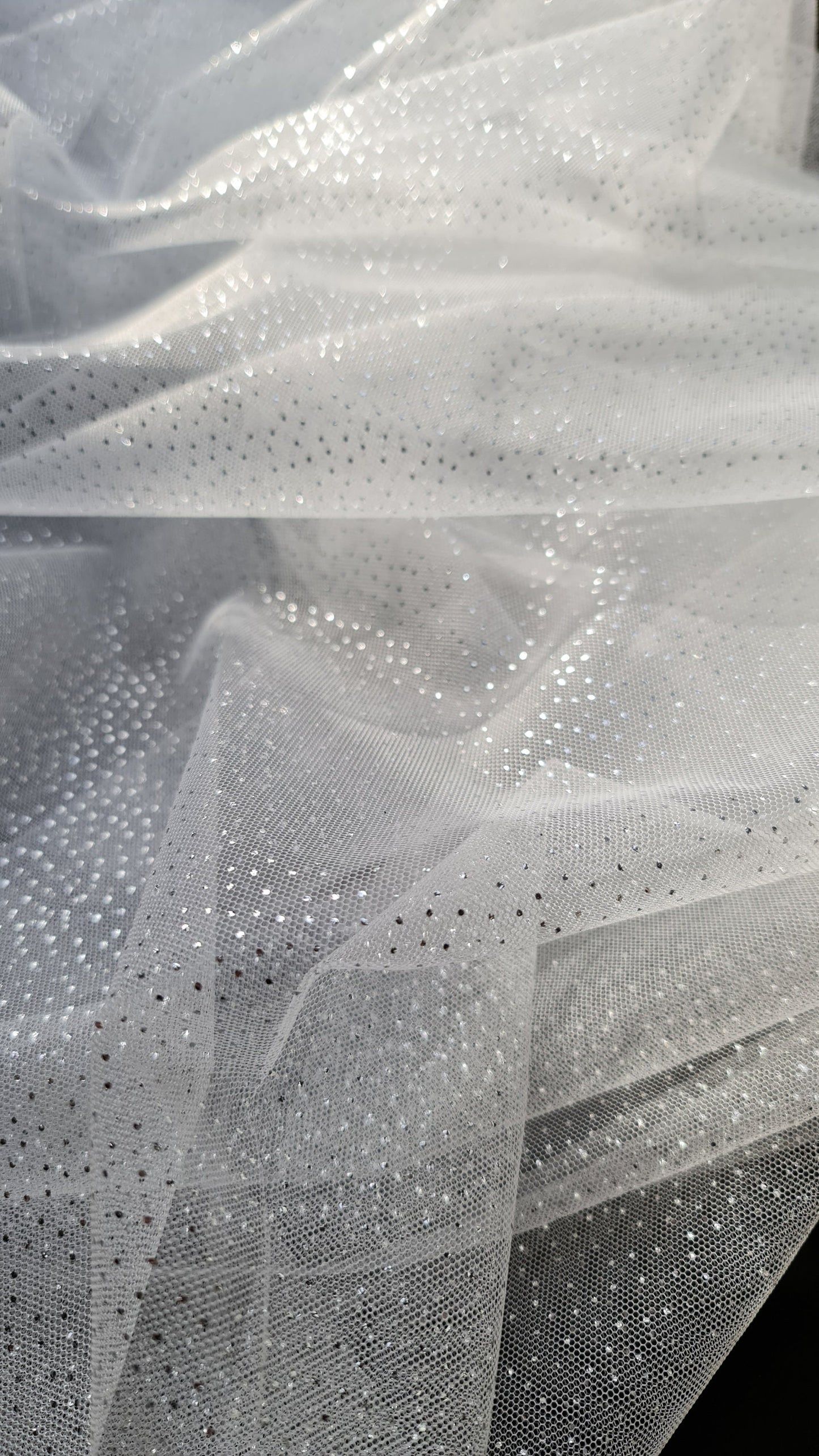sparkling soft mesh tulle in white color with silver print dots LL-1484