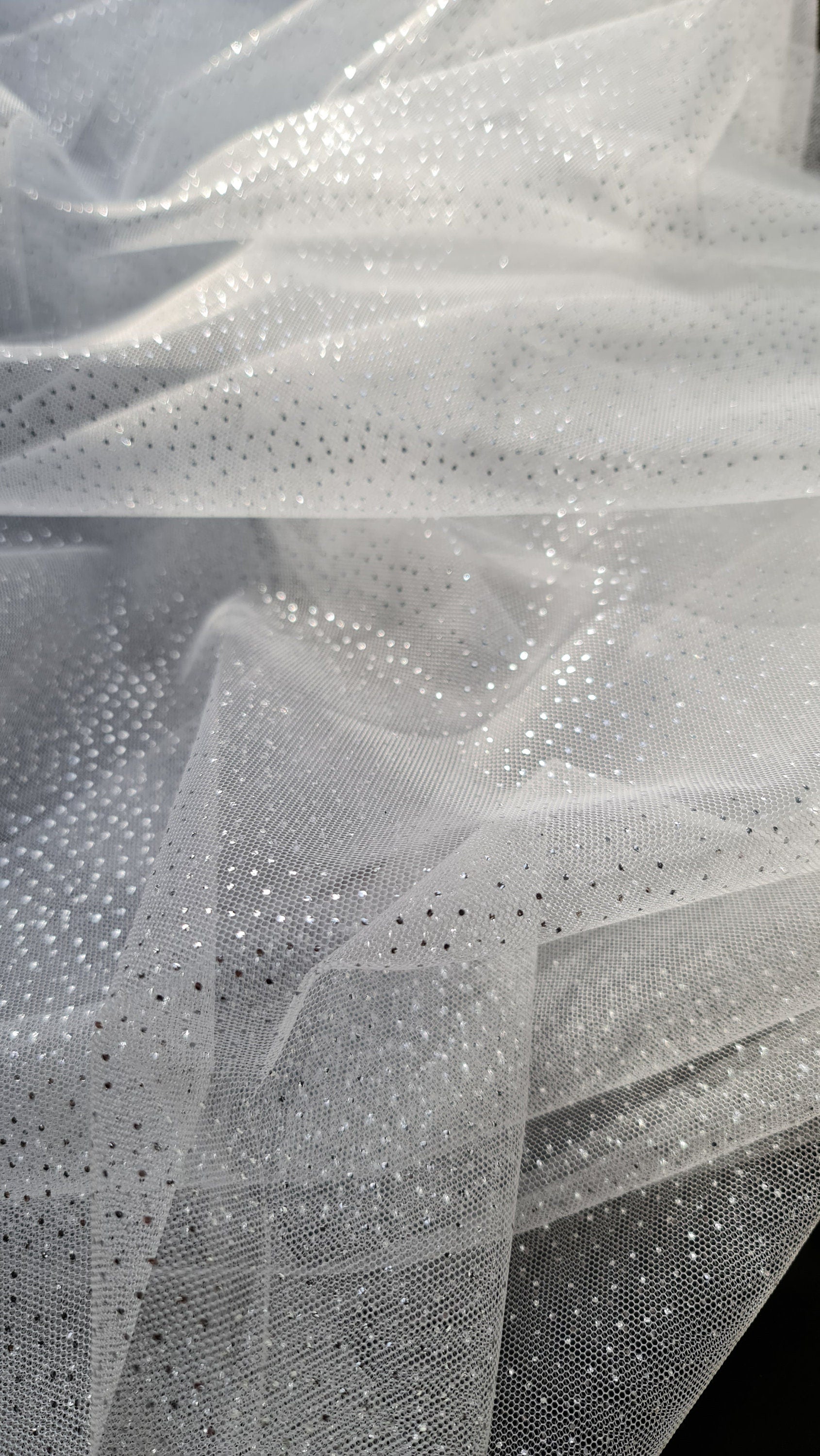 sparkling soft mesh tulle in white color with silver print dots LL-1484