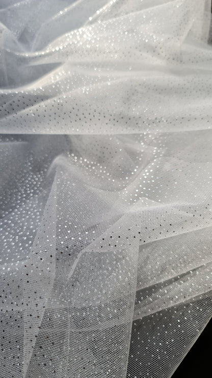 sparkling soft mesh tulle in white color with silver print dots LL-1484