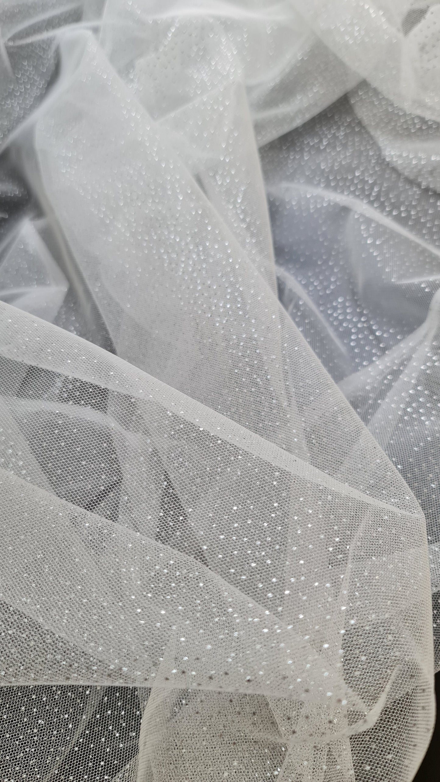 sparkling soft mesh tulle in white color with silver print dots LL-1484