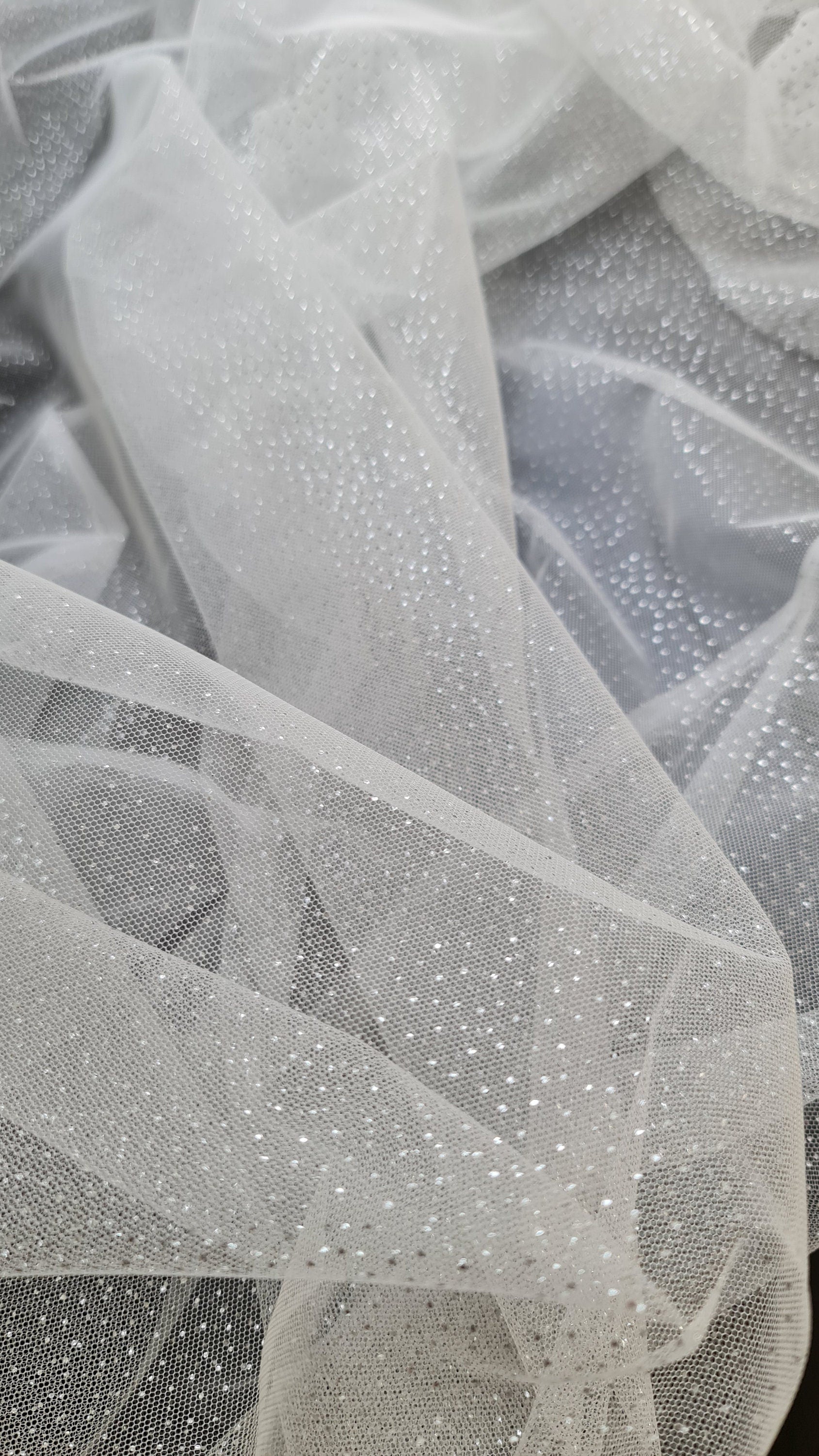 sparkling soft mesh tulle in white color with silver print dots LL-1484