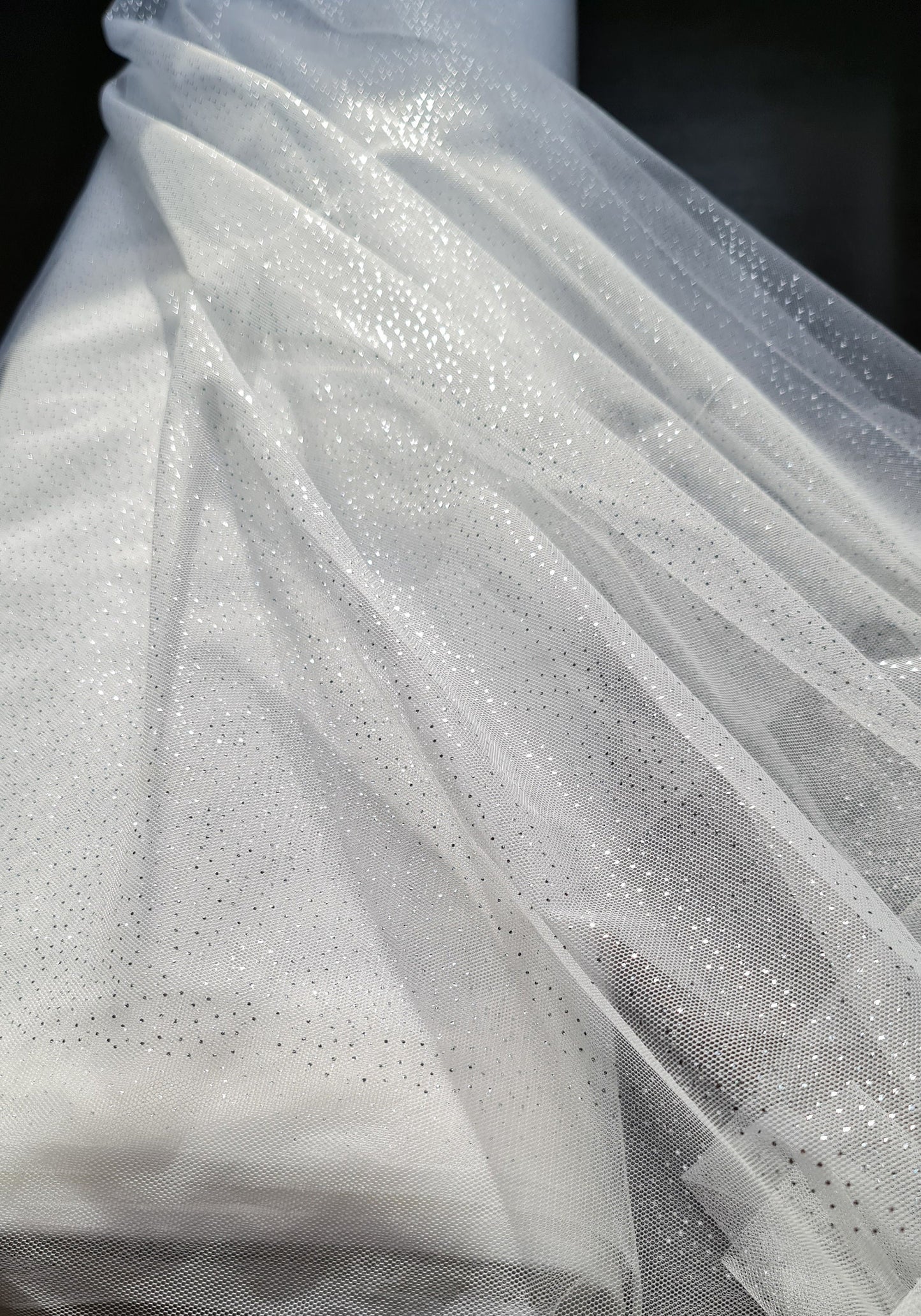 sparkling soft mesh tulle in white color with silver print dots LL-1484