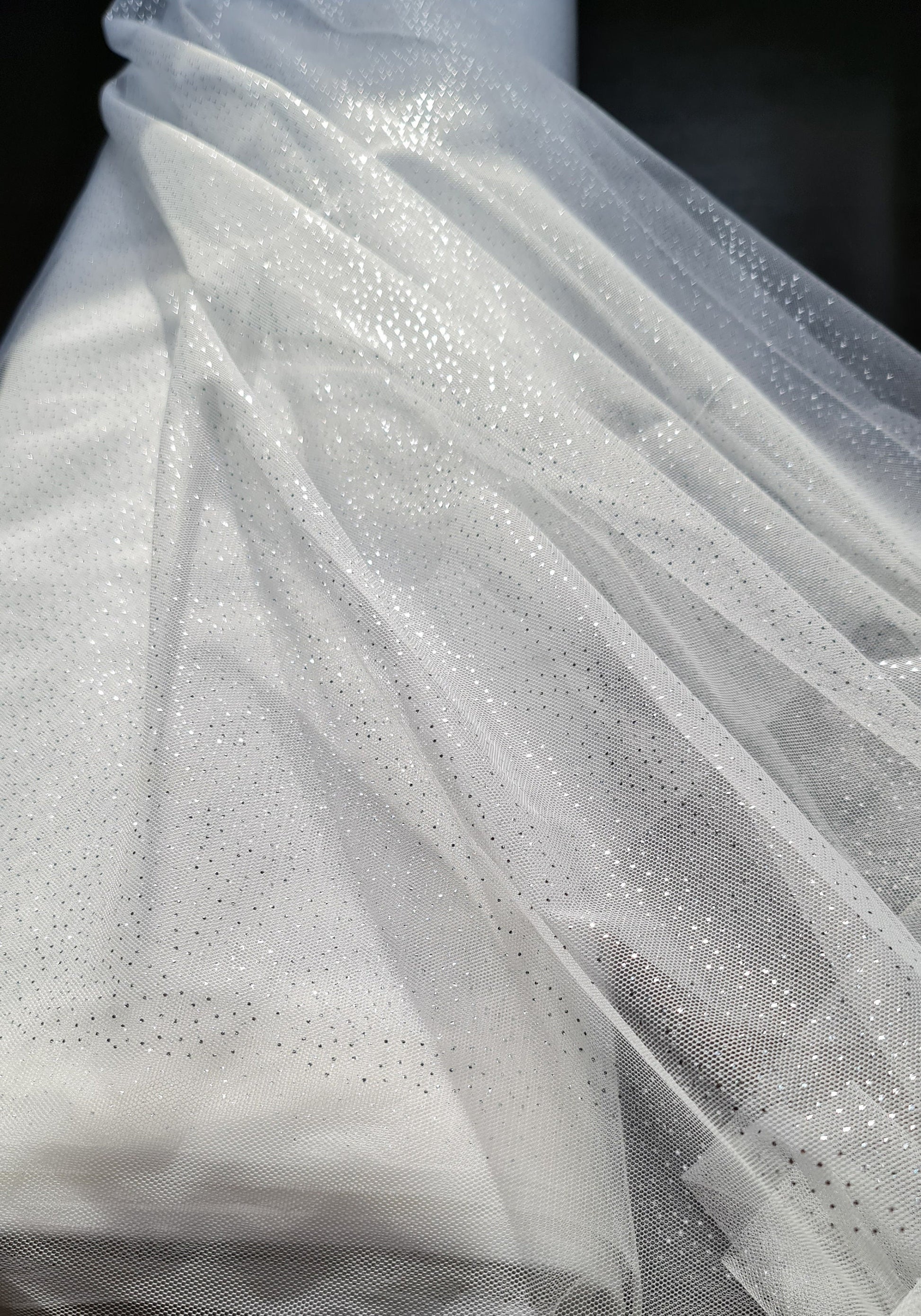 sparkling soft mesh tulle in white color with silver print dots LL-1484
