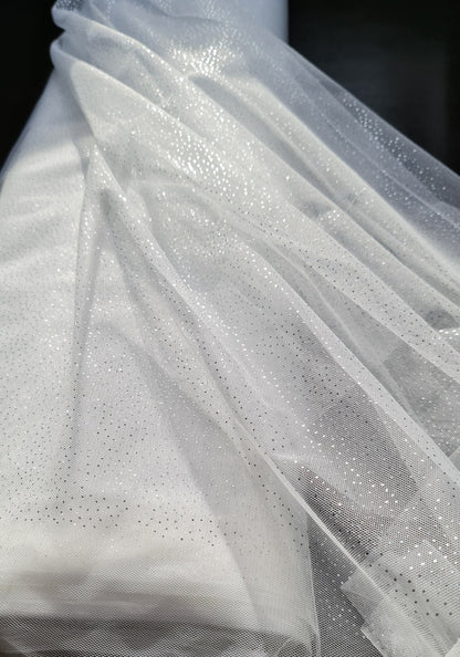 sparkling soft mesh tulle in white color with silver print dots LL-1484