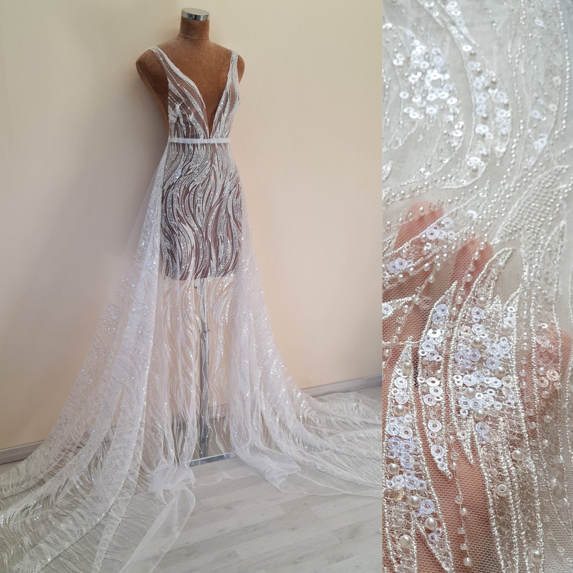 LL-1445, Lovely beaded lace fabric with wave design in off-white color