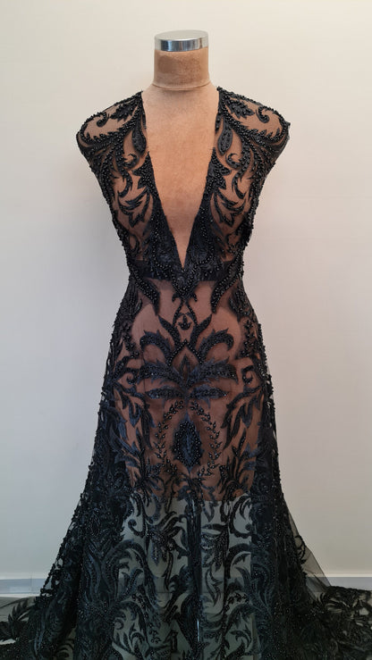 ornamental black lace, closer picture on dressform